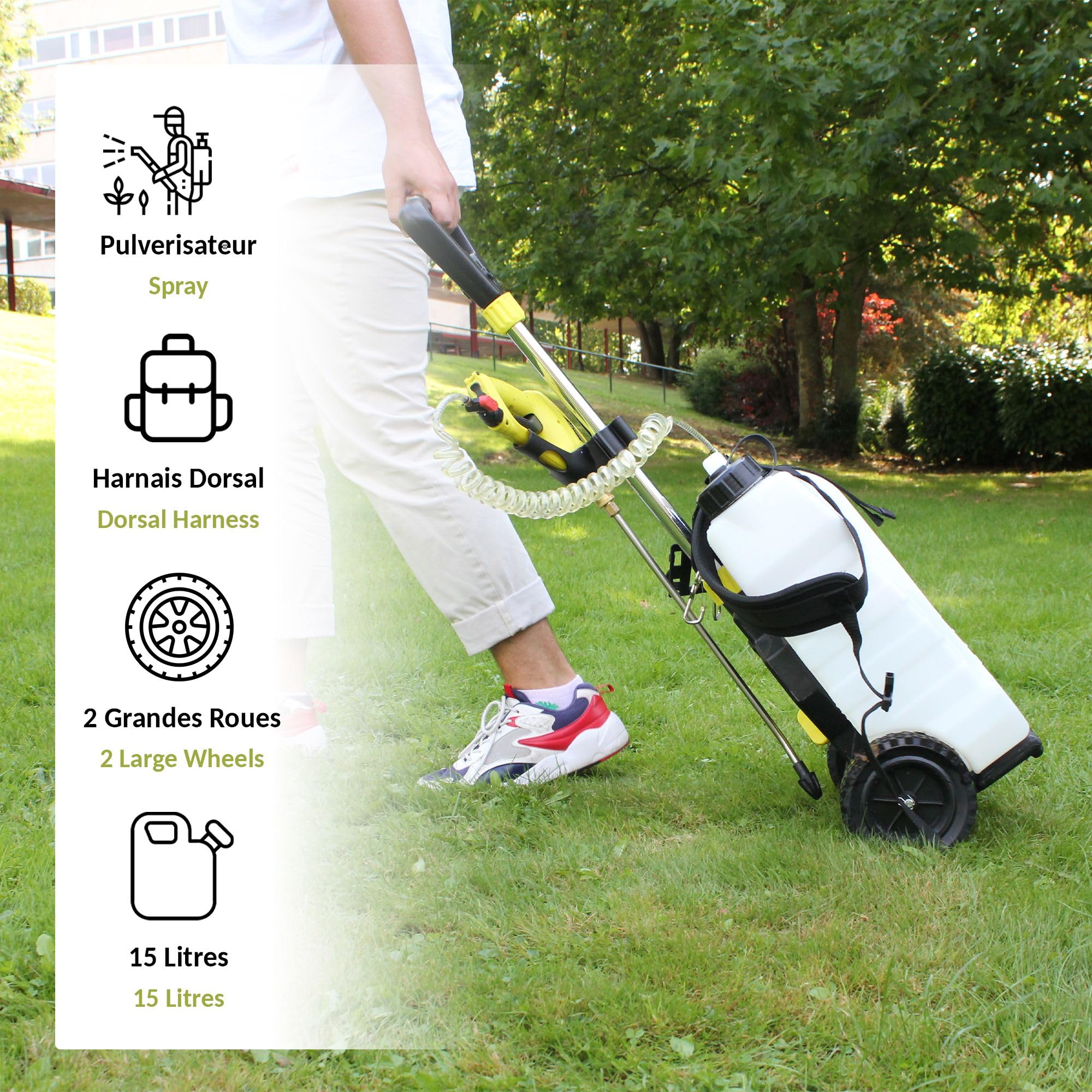 FISHTEC - Pulvérisateur Électrique 16 L sur roulettes - Batterie Rechargeable Autonomie 40 Minutes Lance 40 cm Tuyau Extensible - Pulvérisation Jardin Toiture Terrasse Entretien Extérieur