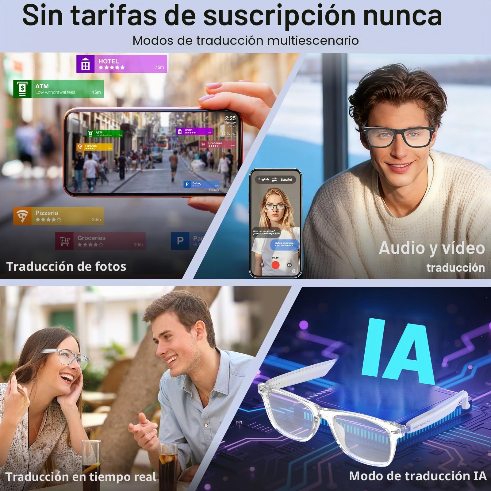 Gafas inteligentes con IA para hombres y mujeres con ChatGPT, gafas Bluetooth con traducción de 165 idiomas, lente que cambia de color, análisis de reuniones, reproducción de música, llamadas manos