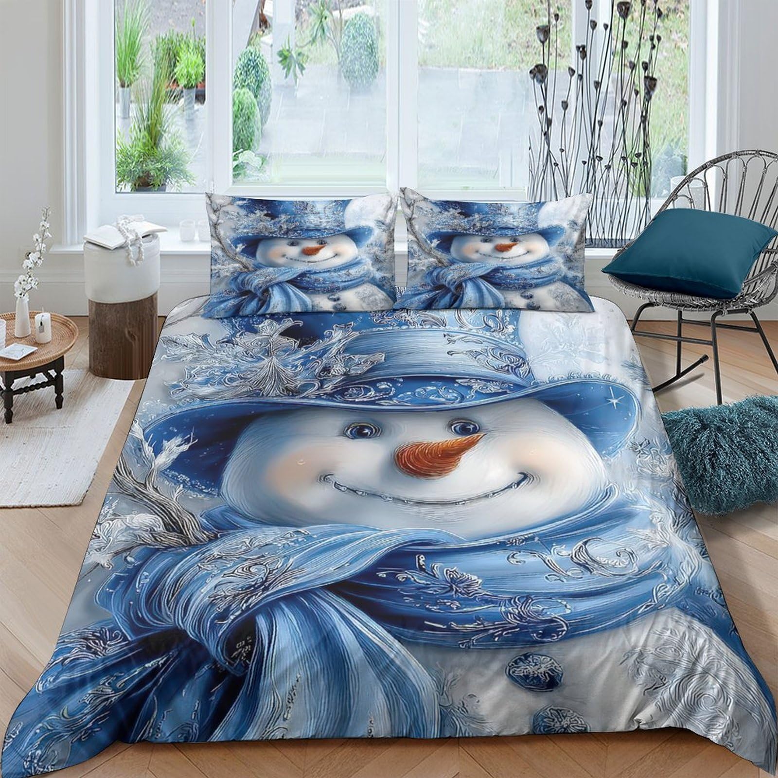Ctjqhvkz Style-7 3D Printed Snowman Blue Scarf Fitted Sheet Microfiber Soft Non Slip Bed Cover Winter Bedroom Decor For Home Dorm Single（135X200cm）