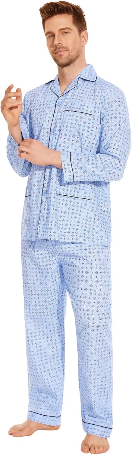 GLOBAL Men 100% Cotton Pajamas Set Button Down Pjs Long Sleeve Pajamas for Men Soft Comfy Sleepwear