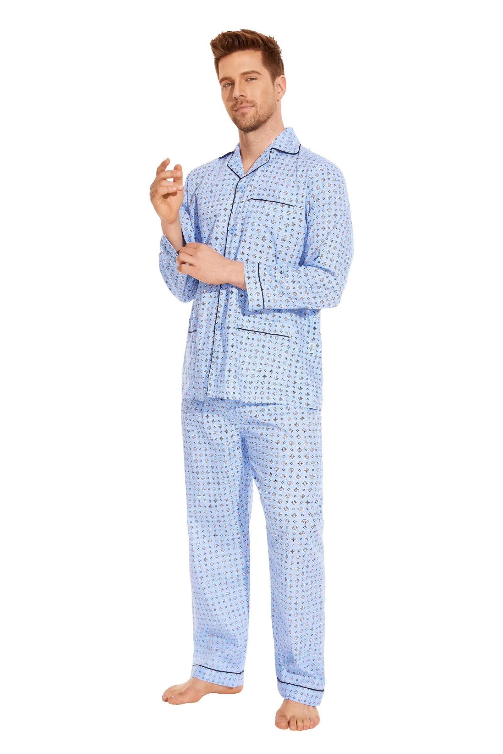 GLOBAL Men 100% Cotton Pajamas Set Button Down Pjs Long Sleeve Pajamas for Men Soft Comfy Sleepwear