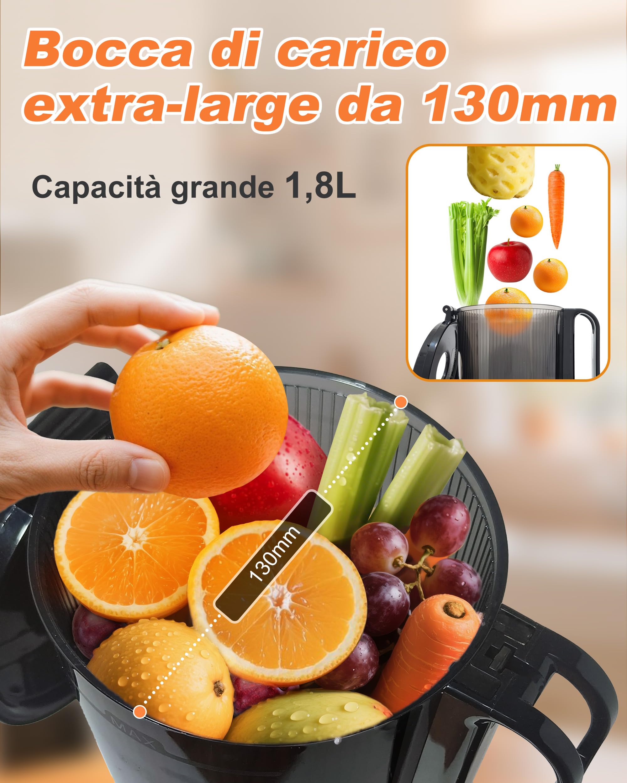 Charmline Estrattore Frutta e Verdura a Freddo, Bocca Larga 130mm, Facile da Pulire, 1,8L Capacità, Slow Juicer Elettrico per Succhi di Frutta e Verdura