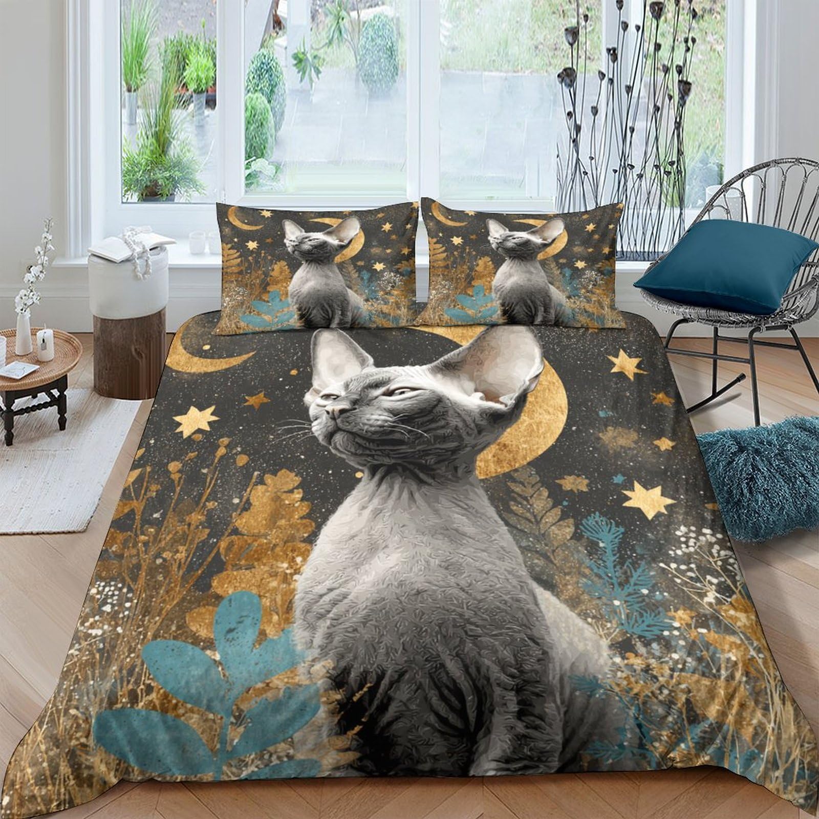 Ctjqhvkz Style-4 3D Printed Moon Cat Fitted Sheet Microfiber Soft Breathable Starry Sky Bed Cover For Bedroom Dorm Mattress Decor Single（135X200cm）