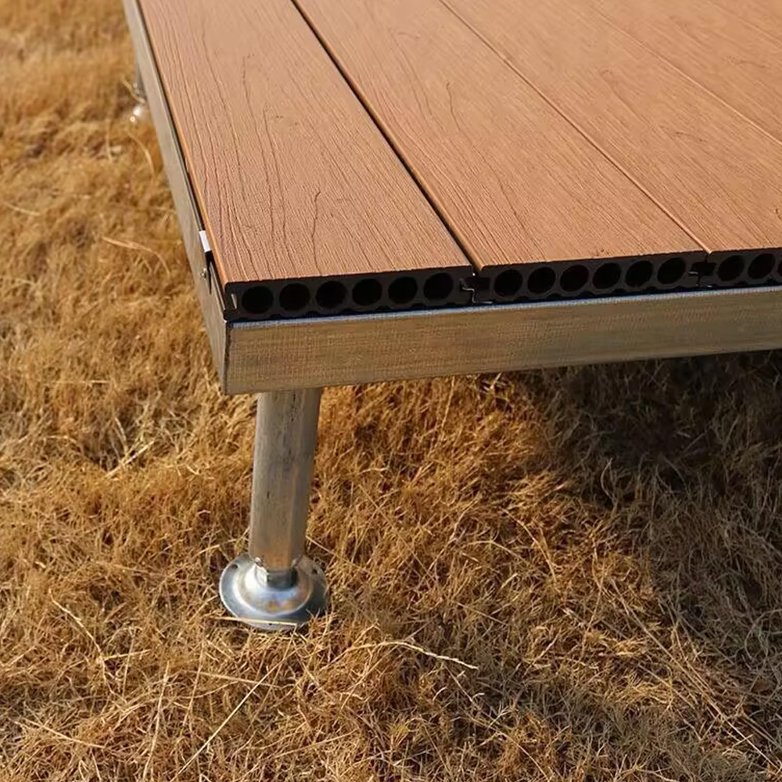 Pływający taras tarasowy z drewna kompozytowego, płytki | Woodgrain, 84 x 84 x 20 cm, z regulowanymi metalowymi nóżkami, antypoślizgowe, wodoodporne, na każdą pogodę (kolor tekowy)