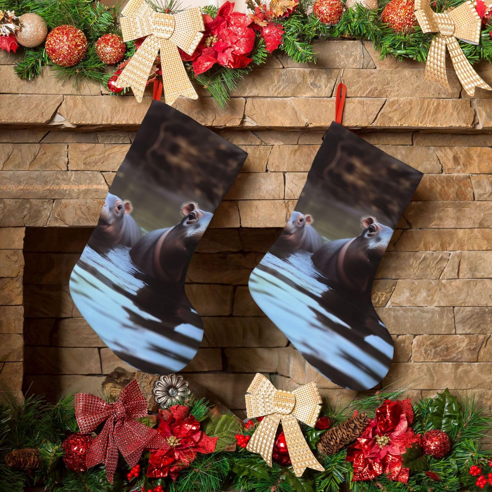 Fodpand Boys Black Hippos Christmas Stockings Hanging Ornaments For Holiday Decor, 18 Inches Velvet Fireplace Hanging Xmas Stocking, Candy Gift Bags For Christmas Decorations