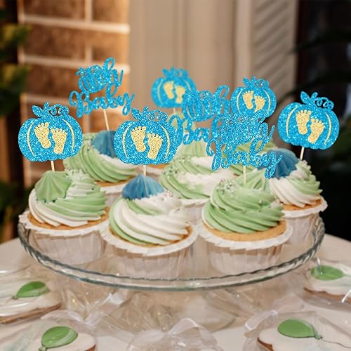 Miniatura 4 de Gyufise 24 piezas de calabaza Oh Baby Cupcake Toppers Glitter Boy Baby Shower Calabaza Cupcake Picks Baby Feet Decoraciones para pasteles temáticos