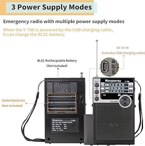 Miniatura 4 de Wenpzeray Y-706 Portable Pocket Radio AM FM SW Band Receiver Battery Operated Transistor with Good Loud Sound Speaker Support USBTF Card Play
