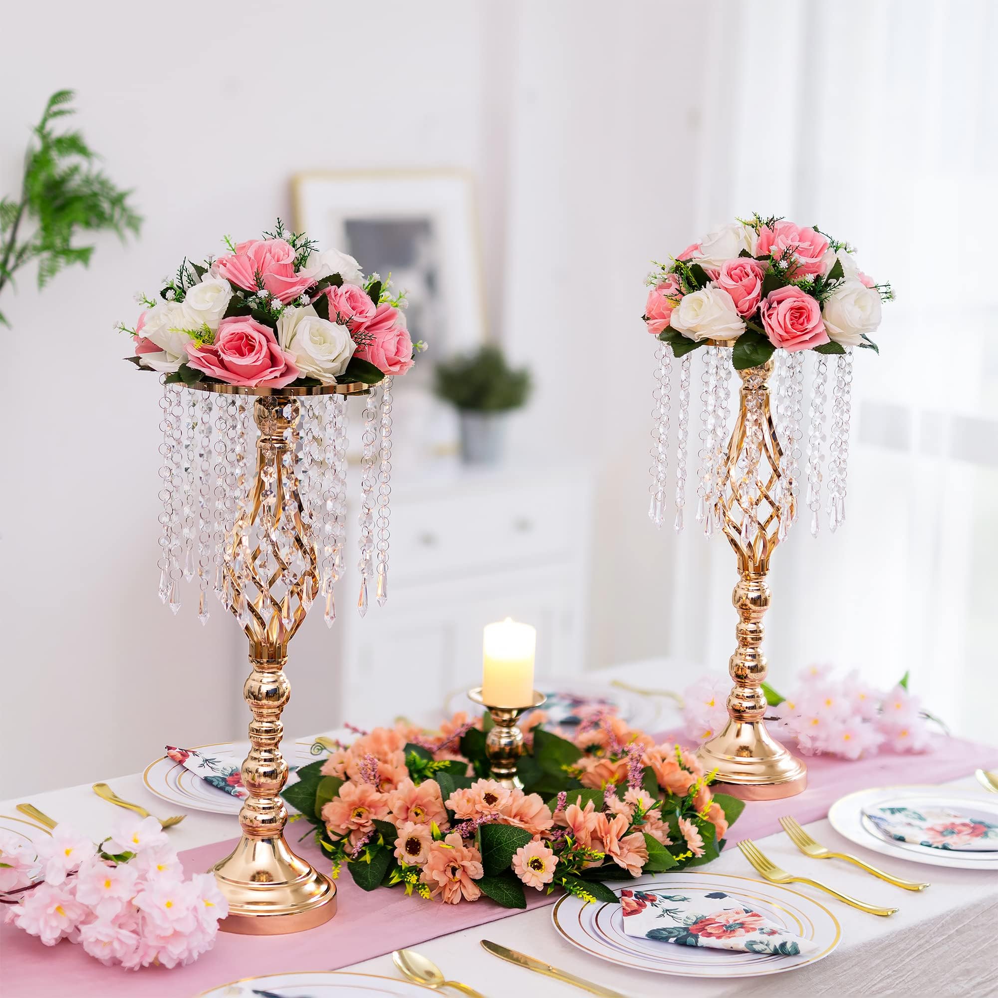 Centrotavola, vasi dorati per tavolo Espositore per fiori alto 49 cm, con vernice di cristallo, per matrimoni, feste, eventi, set di 2