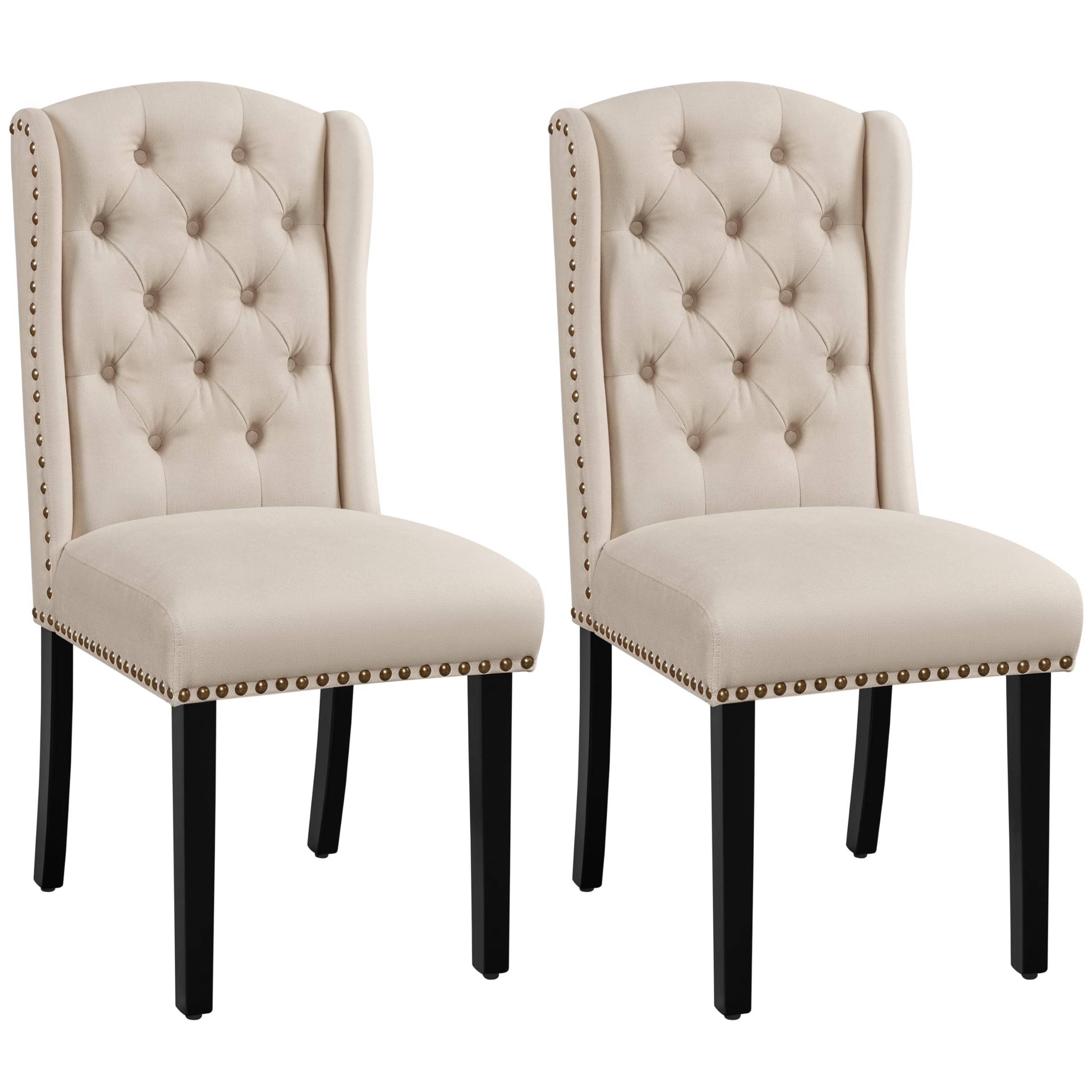 Yaheetech Set 2 Sedie Sala da Pranzo Tessuto Imbottite Eleganti Gambe in Legno Massello Schienale Alto con Bottoni Portata 140 kg Beige