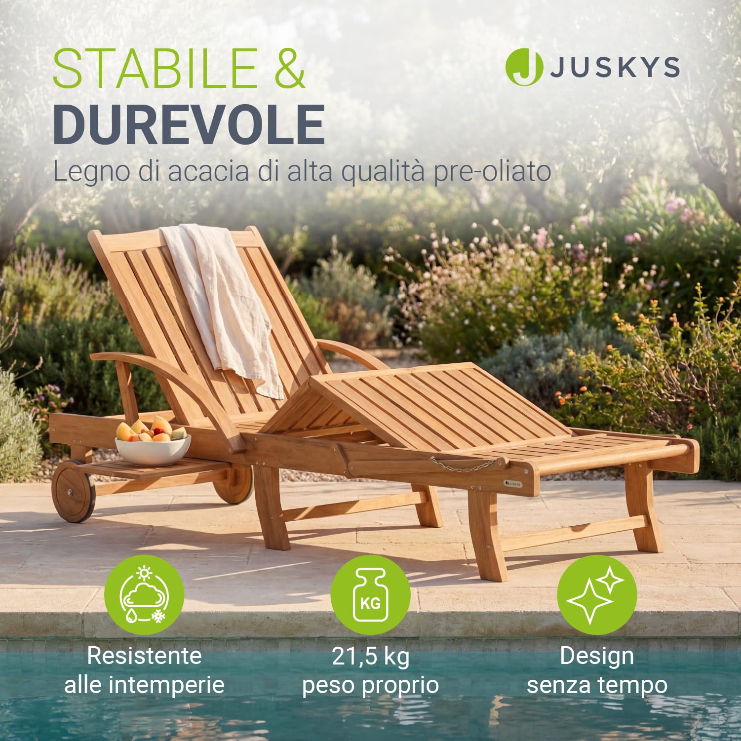Juskys Lettino prendisole SunScape in legno di acacia naturale con tavolino regolabile poggiagambe schienale reclinabile 196 x 72,5 x 30 cm