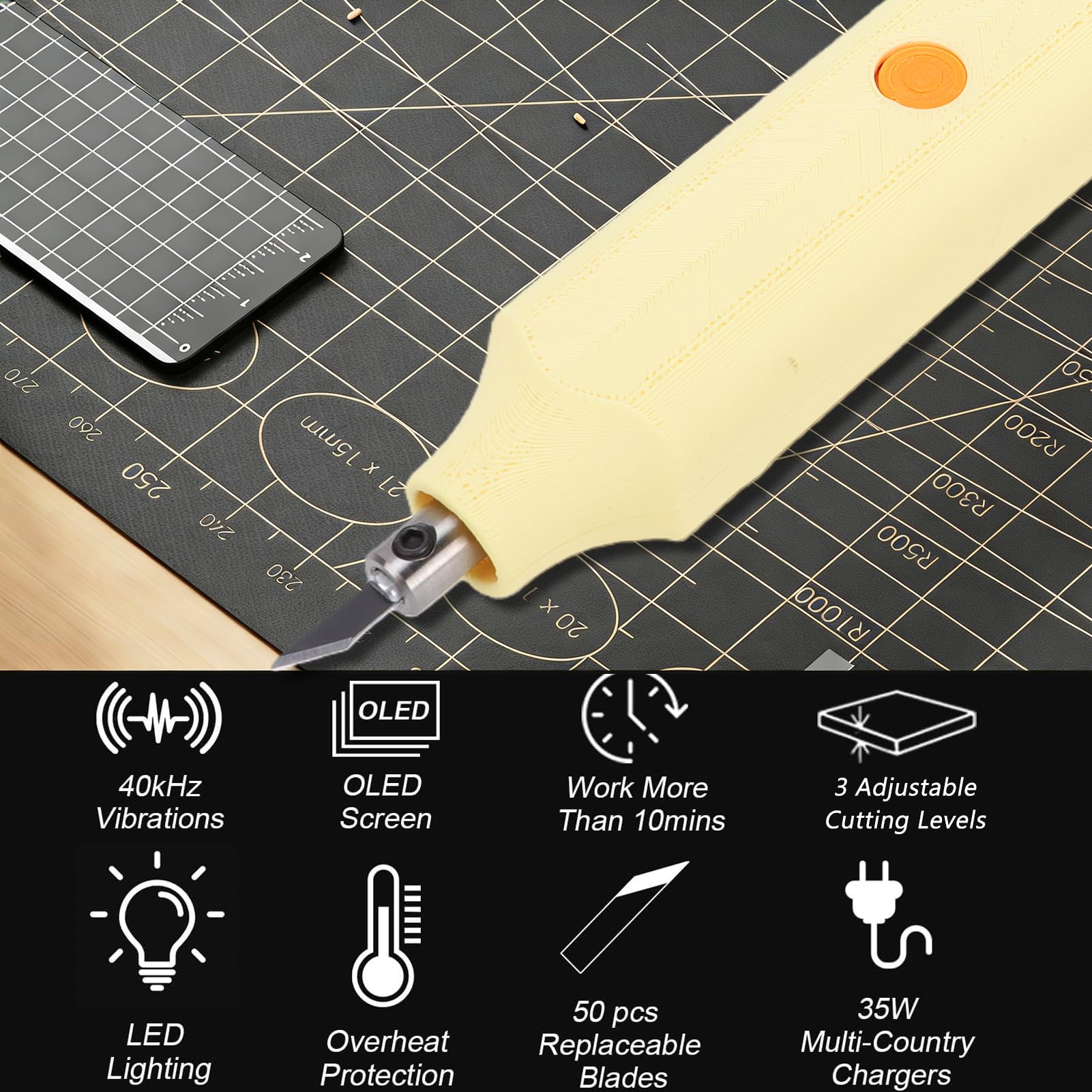 Weytoll Taglierina a ultrasuoni a mano, 40 Khz Tagliatrice ad ultrasuoni per la stampa 3D, con 3 modalità di taglio per plastica, legno e resina, e 50 lame intercambiabili incluse