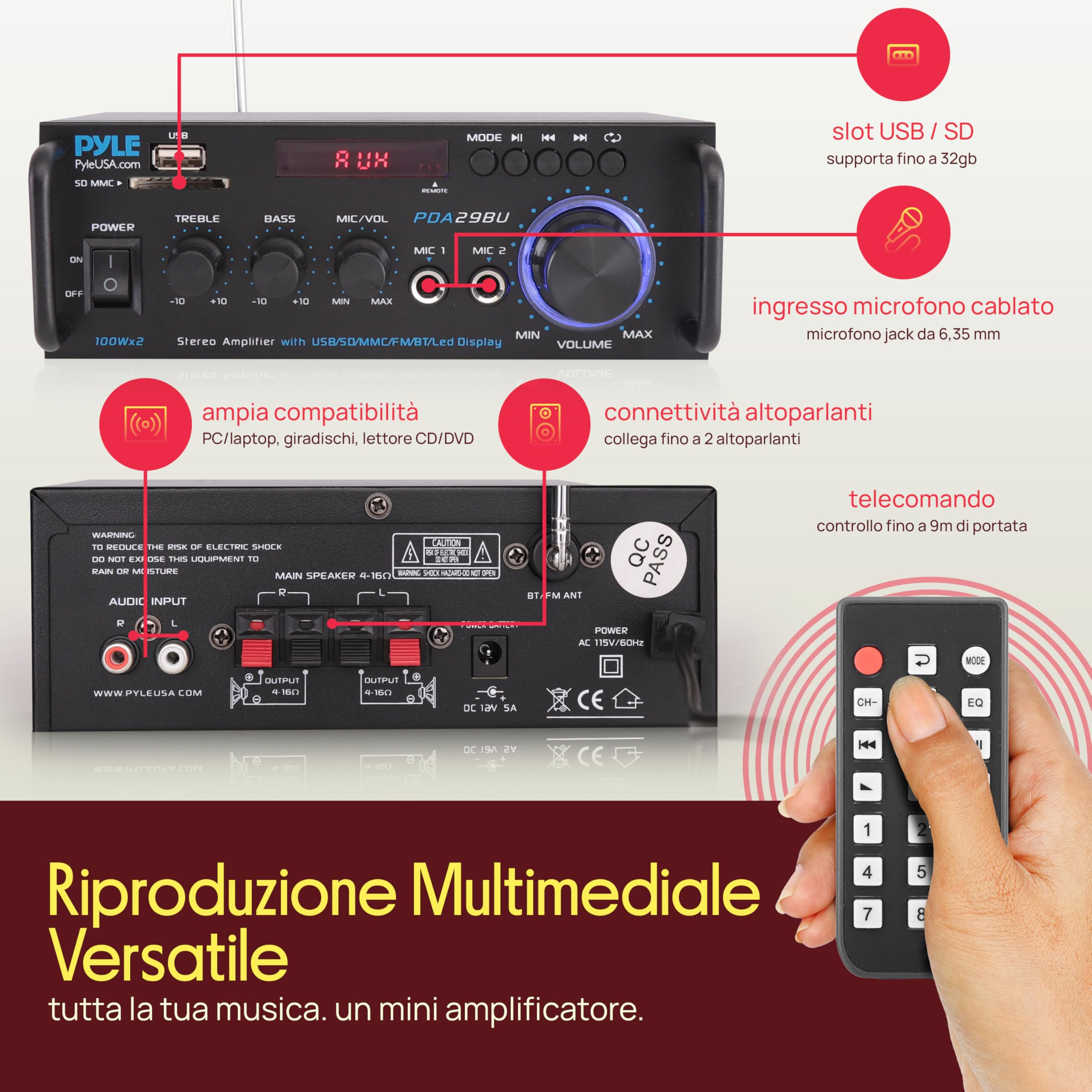 Pyle Preamplificatore Phono, Amplificatore Audio Stereo Wireless Bluetooth 200 Watt, Doppio Canale, RCA, USB, SD, Microfono, Radio FM