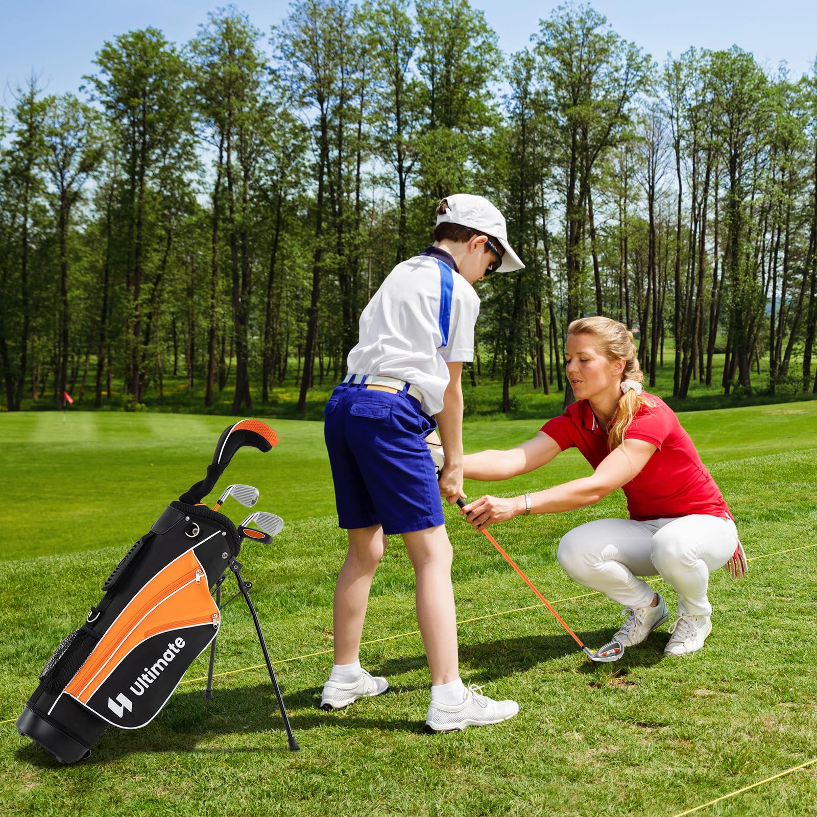 COSTWAY Set Completo di Mazze da Golf per Bambini, Inculude Fairway 3, Ferri 7 e 9, Putter, Copritesta, Borsa Portatile e Cappuccio Antipioggia, Set da Golf per Destrimano