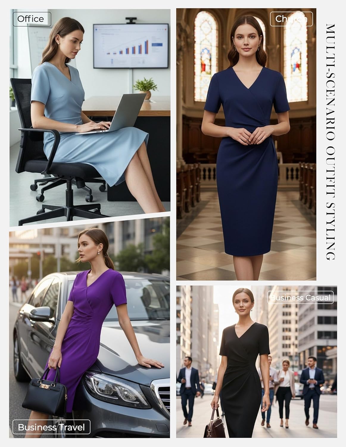 GRACE KARIN Work Dresses for Women 2026 Short Sleeve Elegant Church Dresses Ruched V-Neck Sheath Bodycon Dress - Image 2