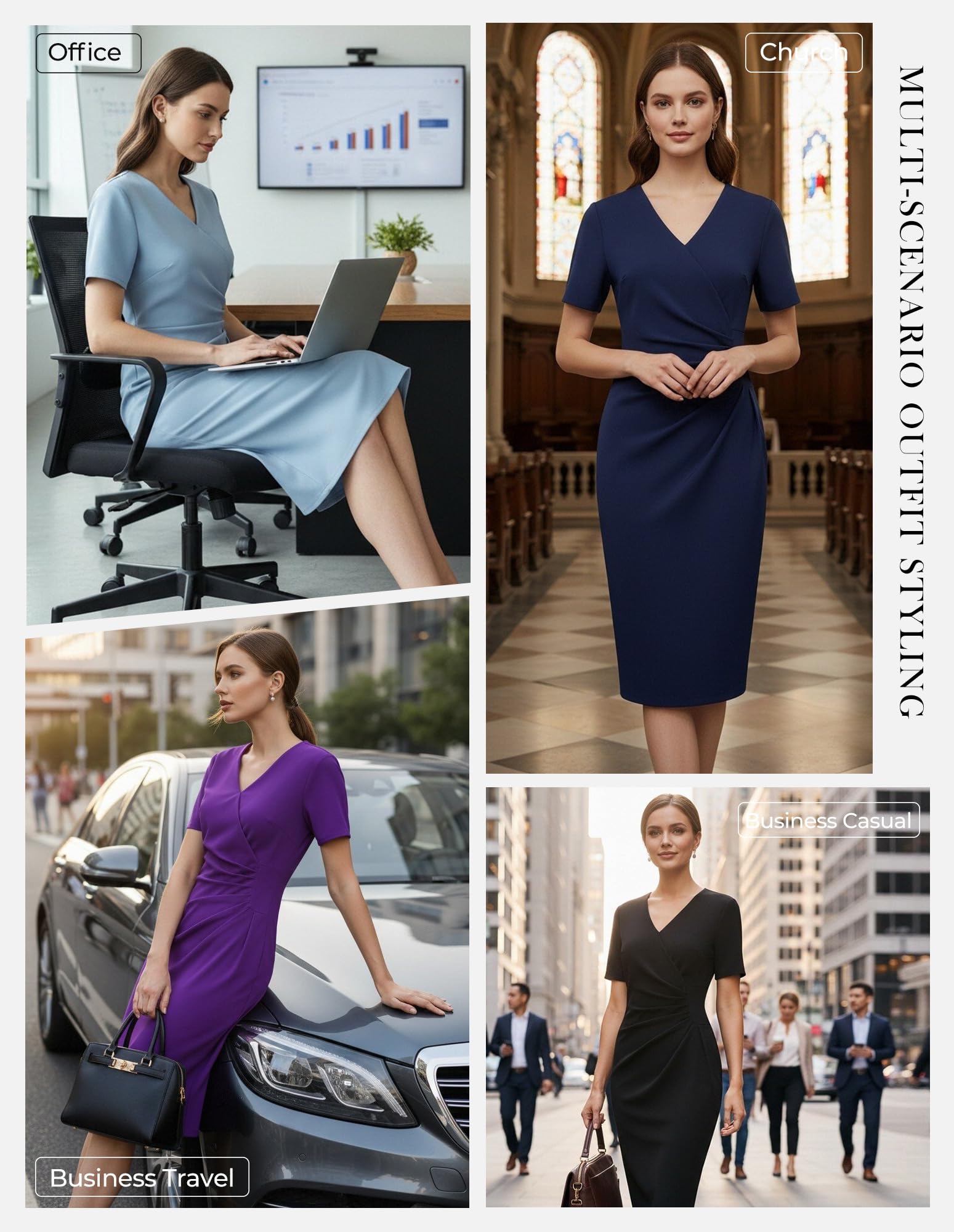 GRACE KARIN Abito da cocktail da donna a maniche corte con scollo a V, drappeggiato e spacco posteriore, abbigliamento da ufficio