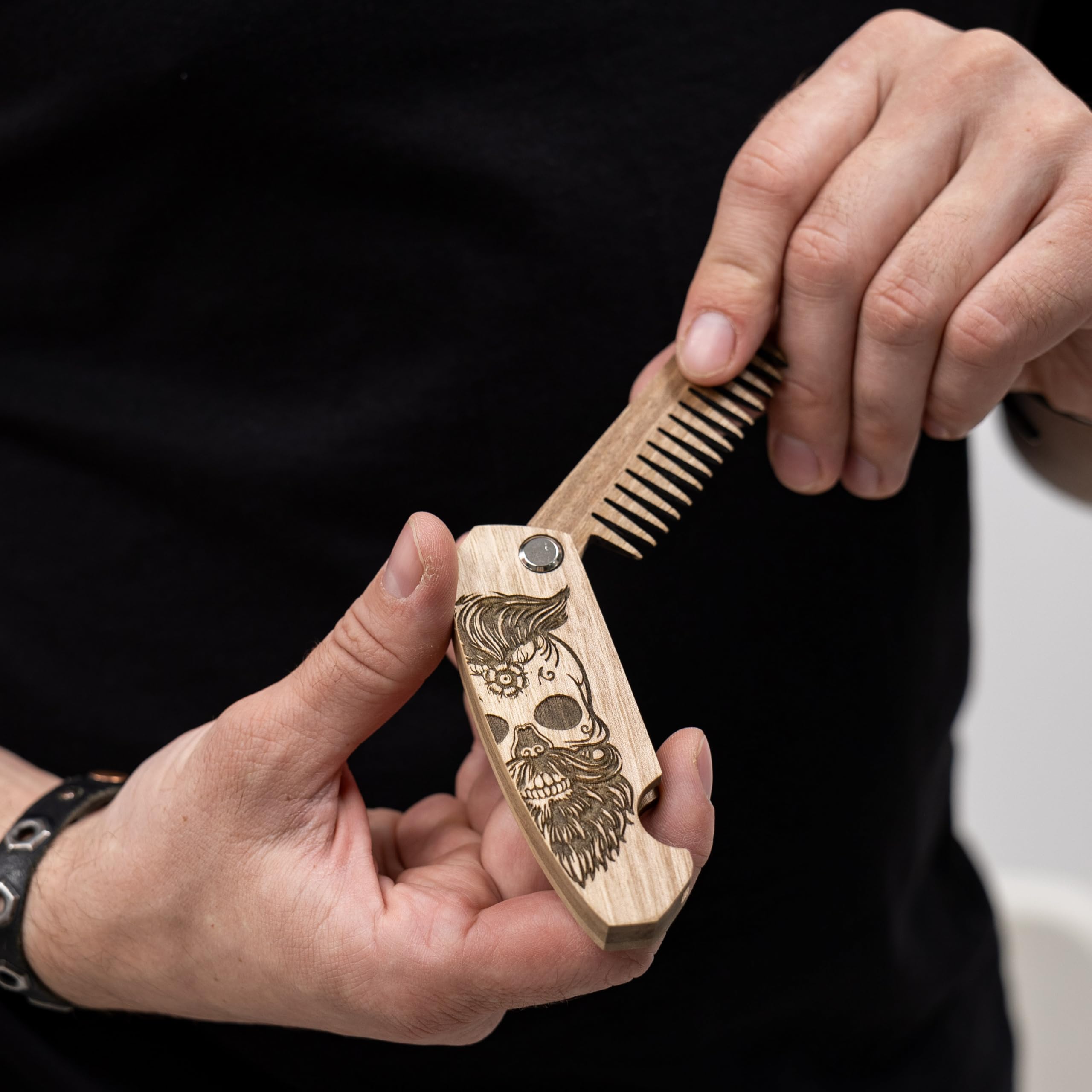 Enjoy The Wood Beard Comb for Men, Folding Pocket Beard Accessories for Men, Engraved Walnut Wooden Comb for Moustache, Beard & Hair For Him (Half Skull)