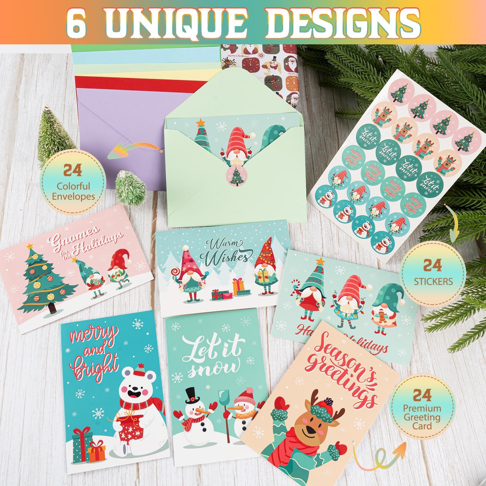 GRADESIN 24 tarjetas de amor de Navidad e invierno, enanos y tema de invierno, tarjetas de Navidad de papel pesado Gork con calcomanías redondas para Navidad, Año Nuevo, fiestas para enviarse saludos
