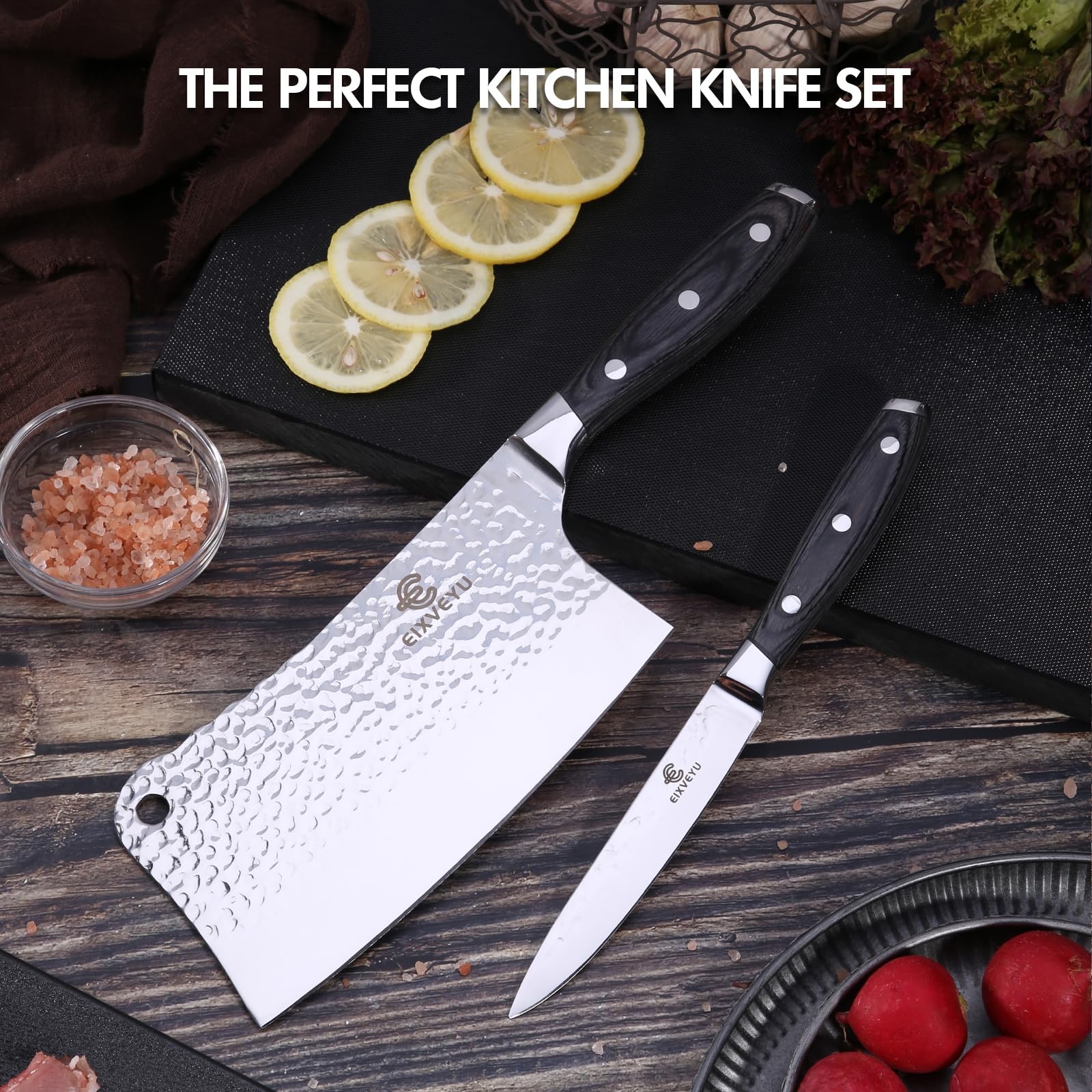 Juego de Cuchillos de Cocina 2 Juegos de Cuchillos de Carnicero y Cuchillos de Frutas,Cuchillos de Chef Forjados, Cuchillos de Corte de Huesos, con Mango de Madera y Embalaje de Regalo