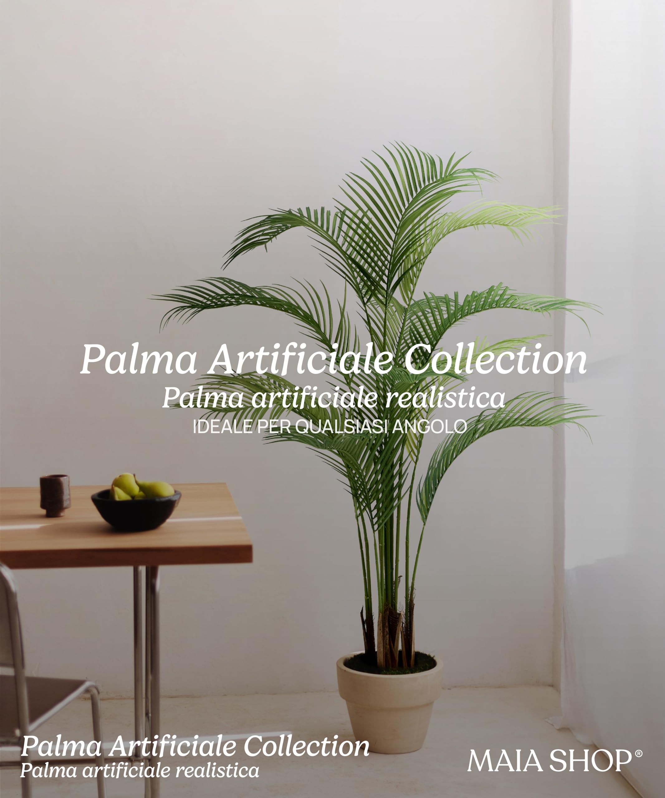 Maia Shop Palma Areca 150 cm - Pianta Artificiale da Interno | Pianta Artificiale Alta con Foglie Realistiche per Casa Soggiorno Ingresso Ufficio - Vaso Nero Incluso
