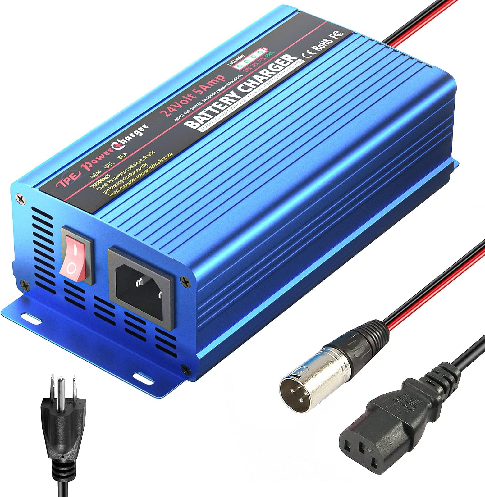 TPE Smart Automatic Battery Charger Portable for Car, Boat, Lawn Mower, Wheelchair, Motorcycle, Electric Bike