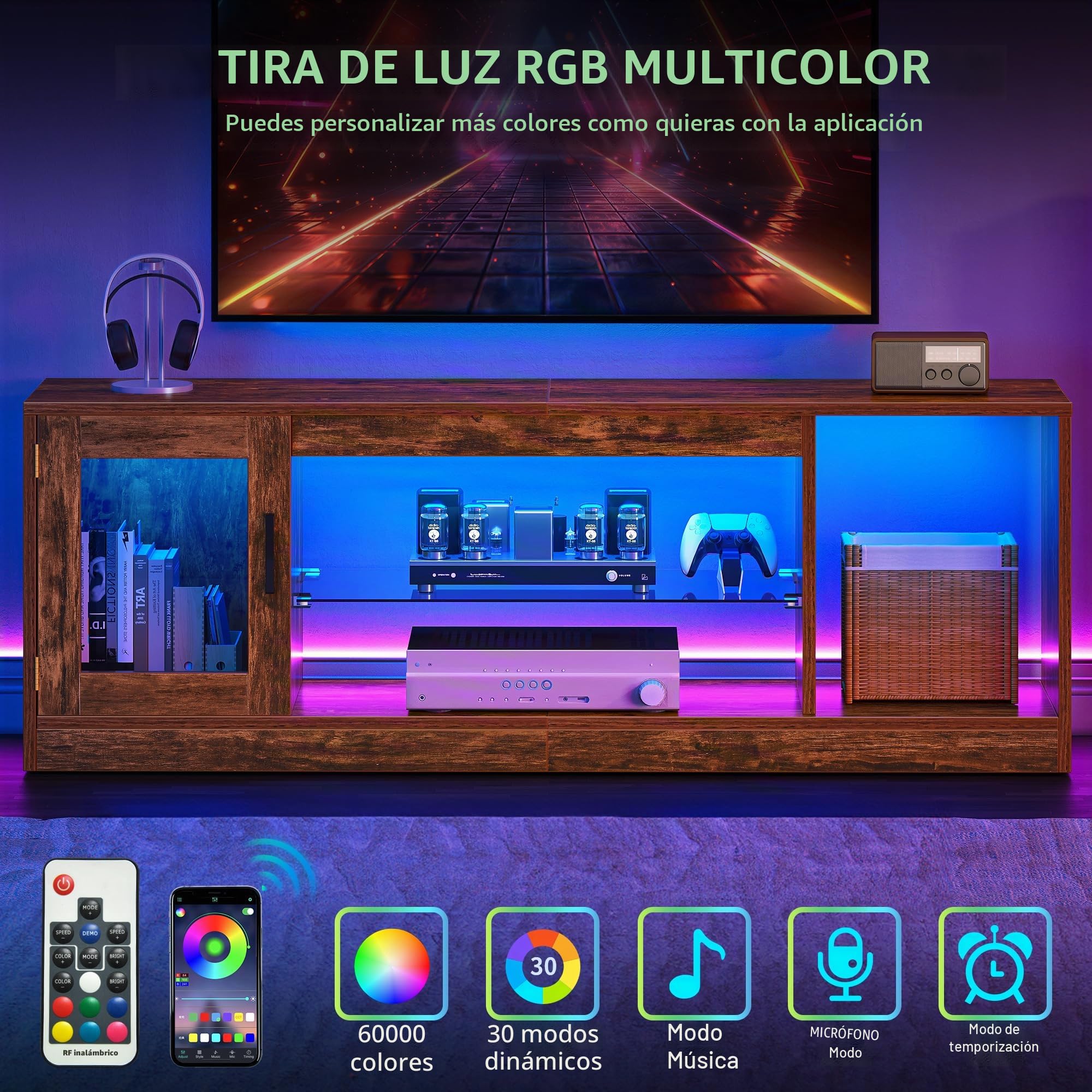 YITAHOME 148 cm Mueble TV para televisores de hasta 65 Pulgadas con 7 Luces led RGB 22 en Modo, Centro de Videojuegos, Sala de Estar y Dormitorio