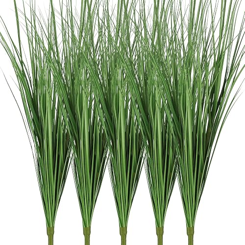 Tigeen 5 Pcs 33 Inch Faux Grasses for Outdoor Planters, UV Resistant Fake Tall Grass, Artificial Grass Plants for Outdoor Decor, Artificial Greenery Stems Weed for Room Home Summer Vase Decor (Green)