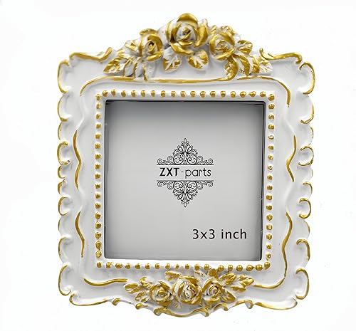Miniatura 1 de Marco de fotos cuadrado de 3 x 3 pulgadas, marco de borde blanco y dorado. Marco de fotos hecho a mano de resina. Panel de vidrio. Cubierta de
