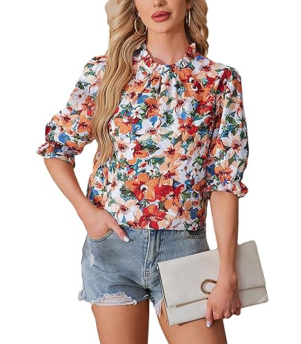 Women's Elbow Sleeve Mock Neck Tops Women Summer Floral Blouse