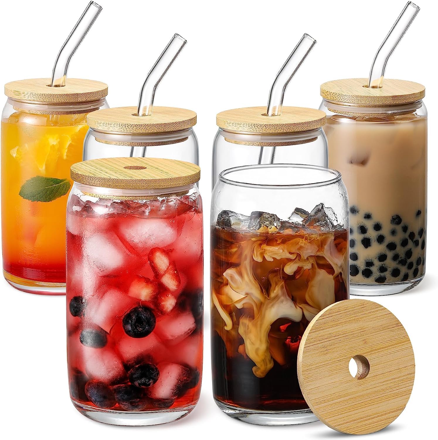 KriVat Drinking Glasses with Bamboo Lid and Glass Straw Pack of 1 500ML, Beer Glass Mojito Soda Smoothies Whiskey Iced Coffee Cocktail Tea Juice 1