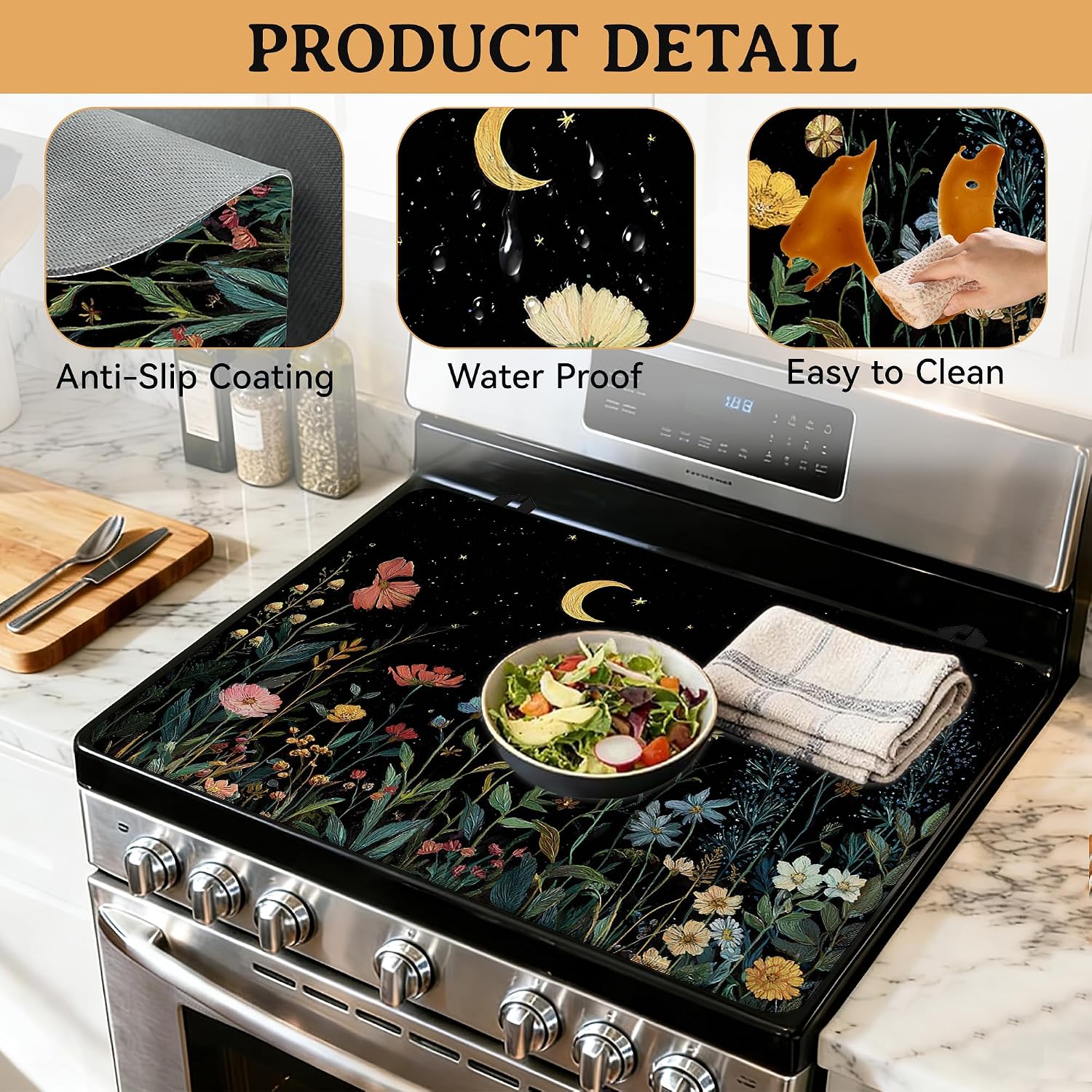 Starry Night Wildflower Stove Top Covers for Electric Stove, 28"x20" Heat Resistant Glass Cooktop Cover, Vintage Kitchen Decor for Countertop, Washer Dryer Top