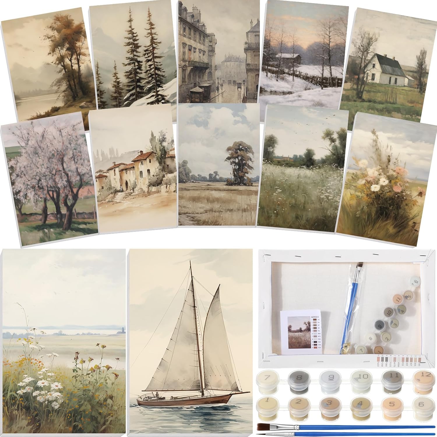 Nezyo 12 Sets Paint by Numbers 8 x 12 Inch for Adults Beginner with Wooden Frames Canvas DIY Acrylic Painting Kit Art Gift for Painting Party Sip and Paint Events for Home Decor(Vintage Countryside)