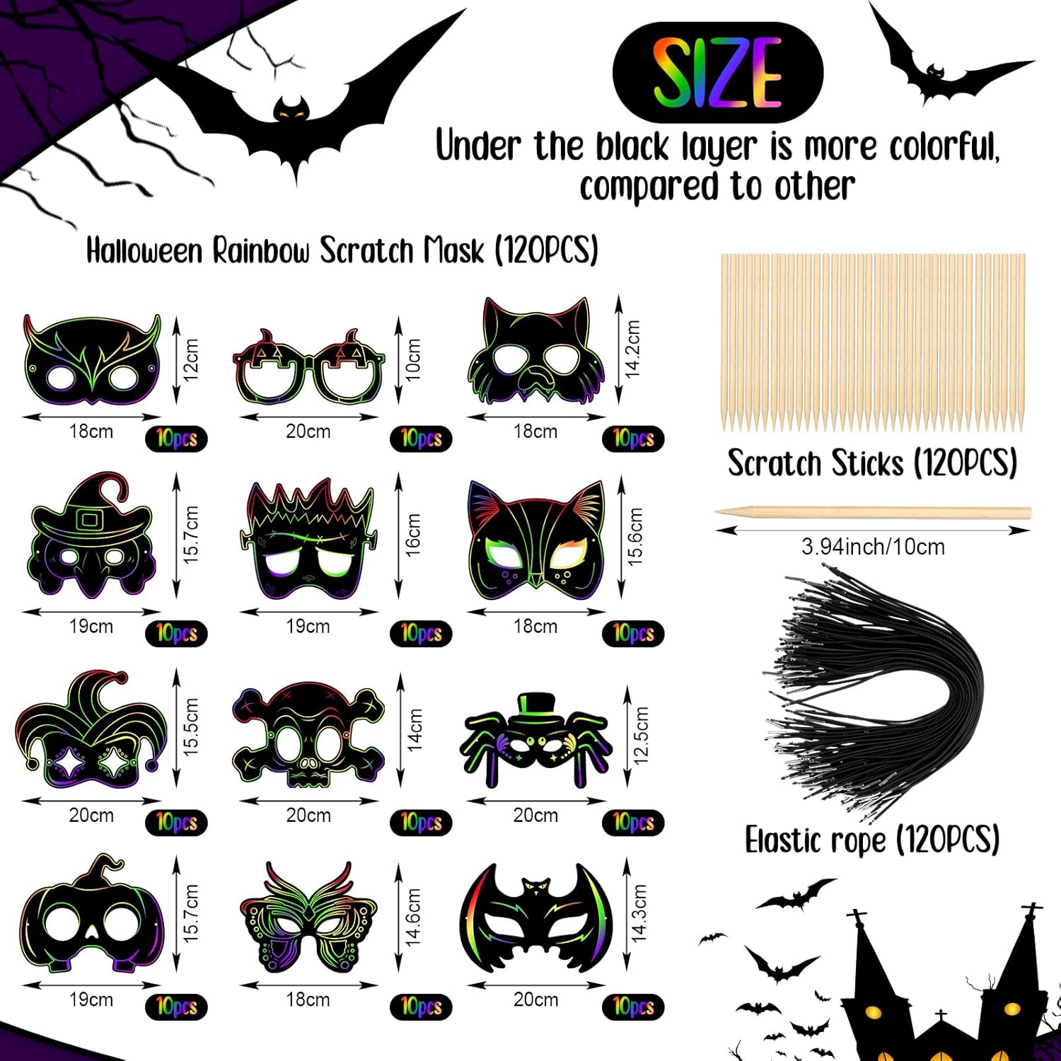 Qilery 120 Pcs Halloween Scratch Mask Rainbow Animal Scratch off Art Craft Kit, Paper DIY Craft Mask for Party Favors Supplies