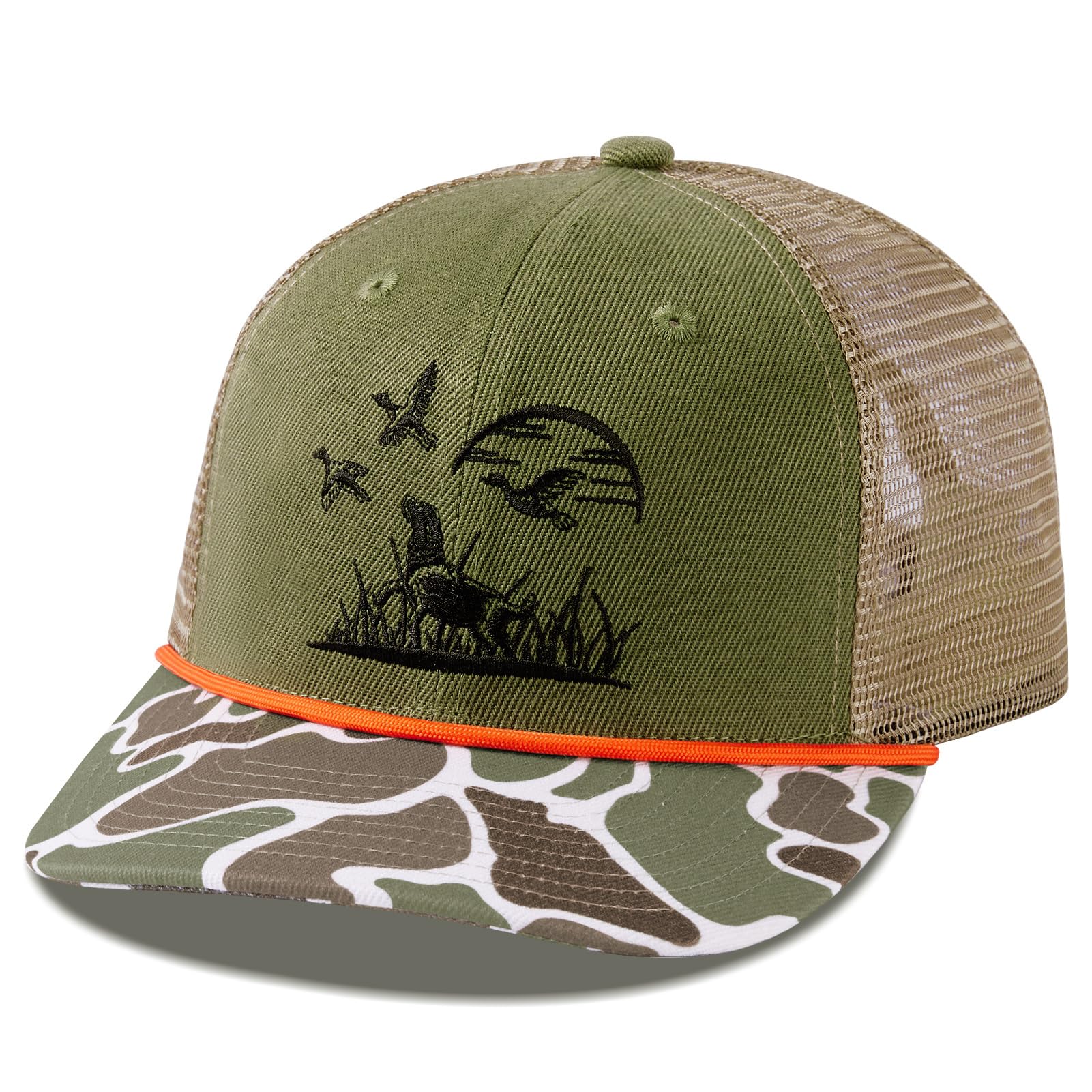 BASSDASH Camo Rope Trucker Hat Baseball Cap Mesh Back for Men Women Duck Deer Hunting Fly Fishing Camping