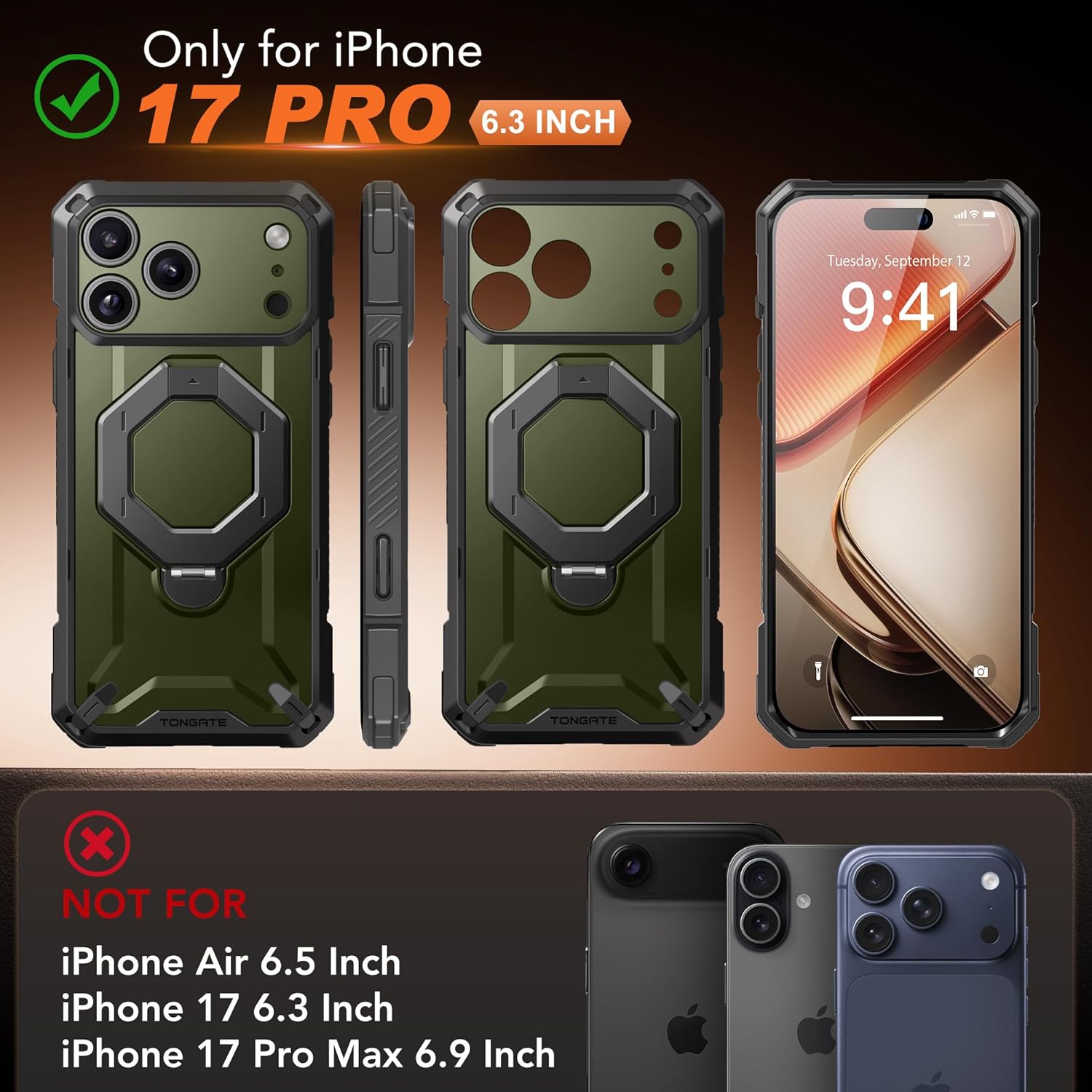 TONGATE for iPhone 17 Pro Case with 360° Spin Magnetic Stand, [Compatible with MagSafe][Military-Grade Protection] with Privacy Screen Protector & Camera Control Cover for iPhone 17 Pro, Green - Image 2