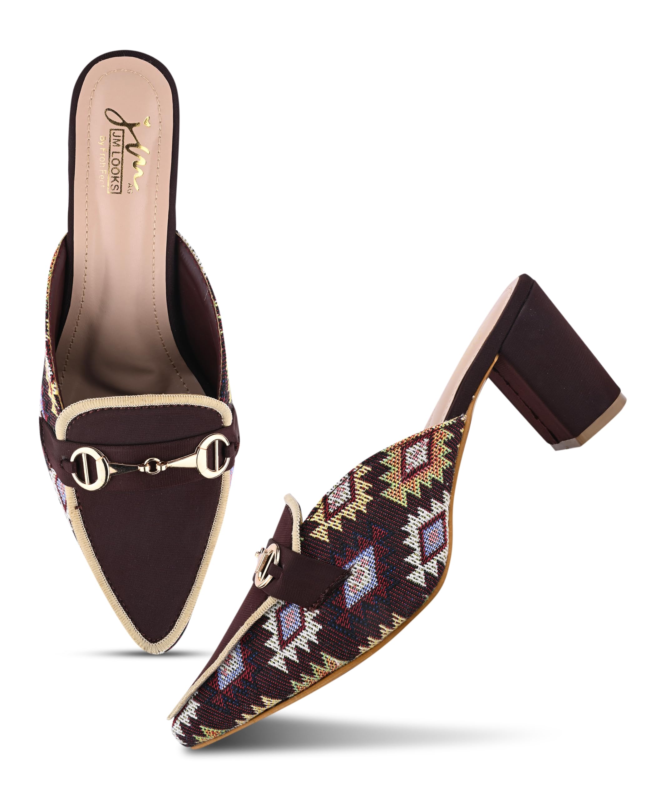 jm looks Women Pointed Toe Patterned Block Heel Mules Slip On Loafer Pumps with Metal Bit Accent-picture-46