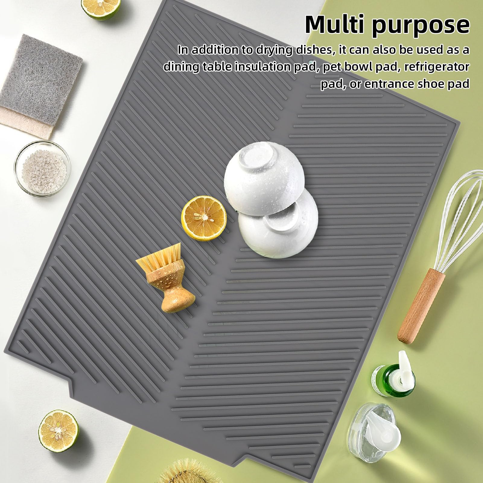 Große Abtropfmatte aus Silikon, hitzebeständig, rutschfest, für Küchentheke, Abfluss-Pad für Zuhause, mit verbesserter Trocknungsleistung, multifunktional (grau)