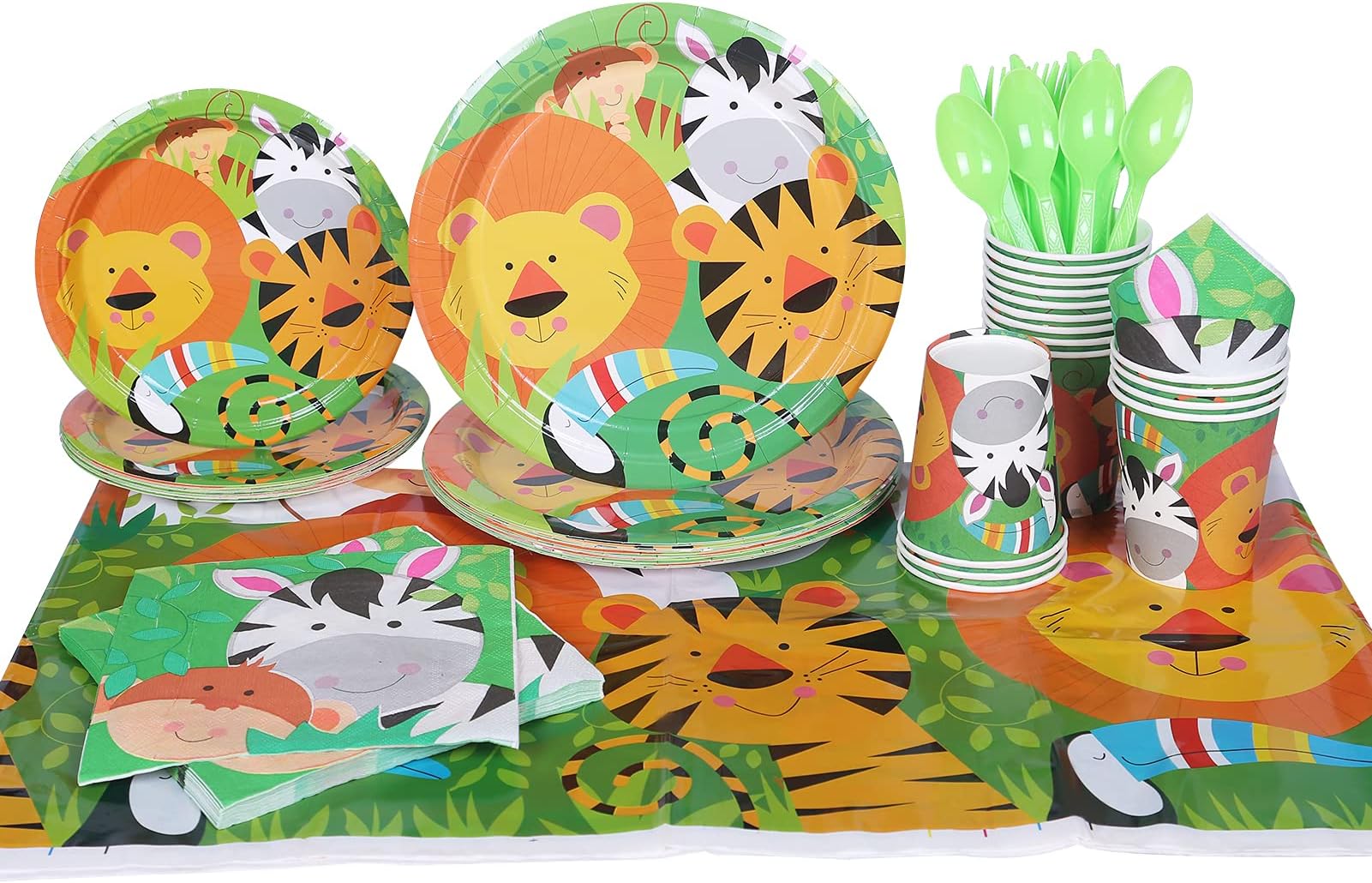 Beauenty 113Pcs Safari Animal Birthday Party Supplies Disposable Tableware Set,Includes Plates, Cups, Napkins, Spoons, Forks, Knives and Tablecloth for Boy and Girl Birthday- Serves 16(Jungle Animals)