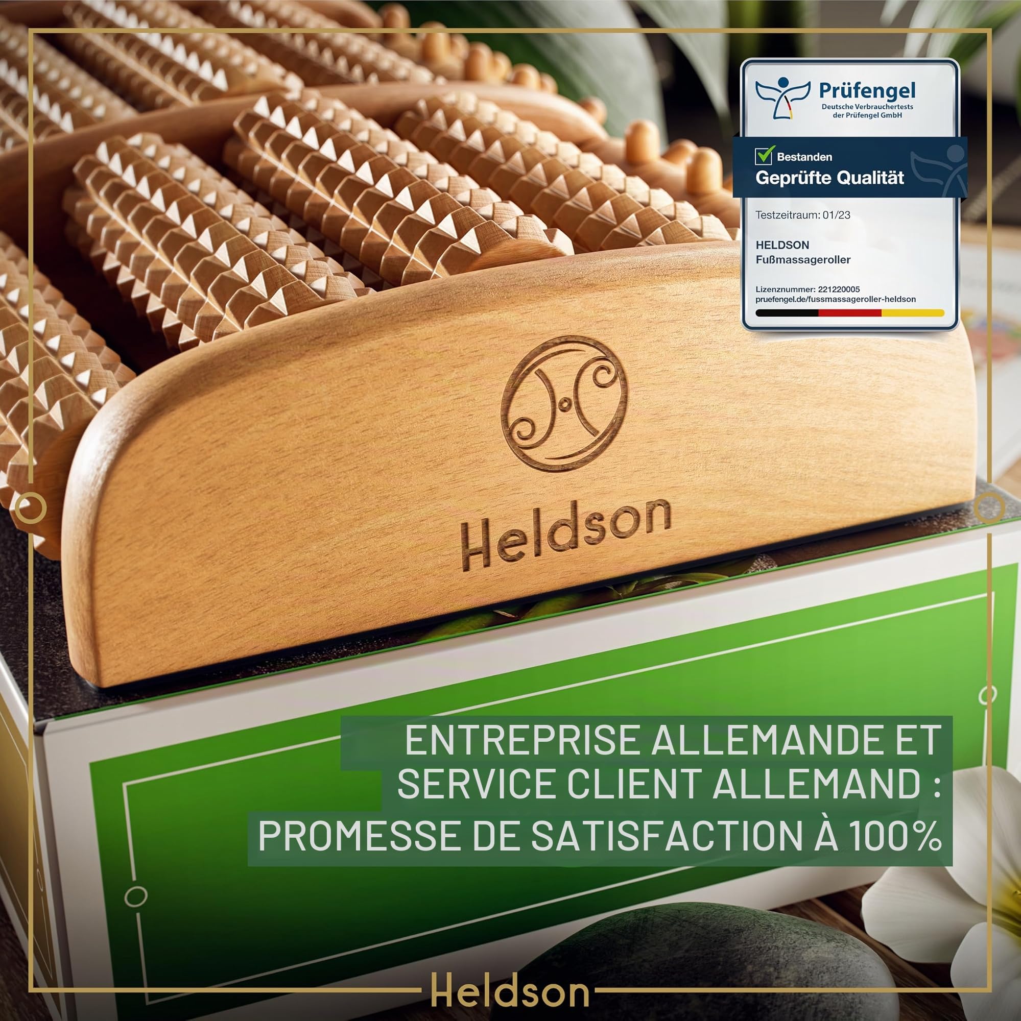 HELDSON® Rouleau de Massage en Bois • Appareil de Massage des Pieds • Drainage Lymphatique & Solution de Relaxation Manuel • Thérapie Reflexologie Plantaire