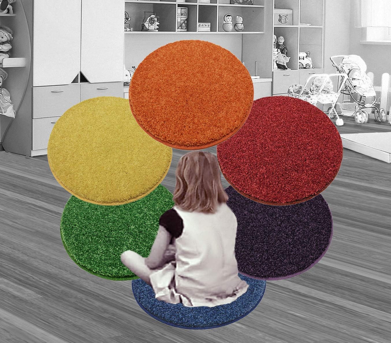 Children's Choice - Set of 6 Crazy Carpet Circle Seats - 18" Round Rug Mats - Color Assortment (Solid & Multi Colored Sets) (Secondary Colors)