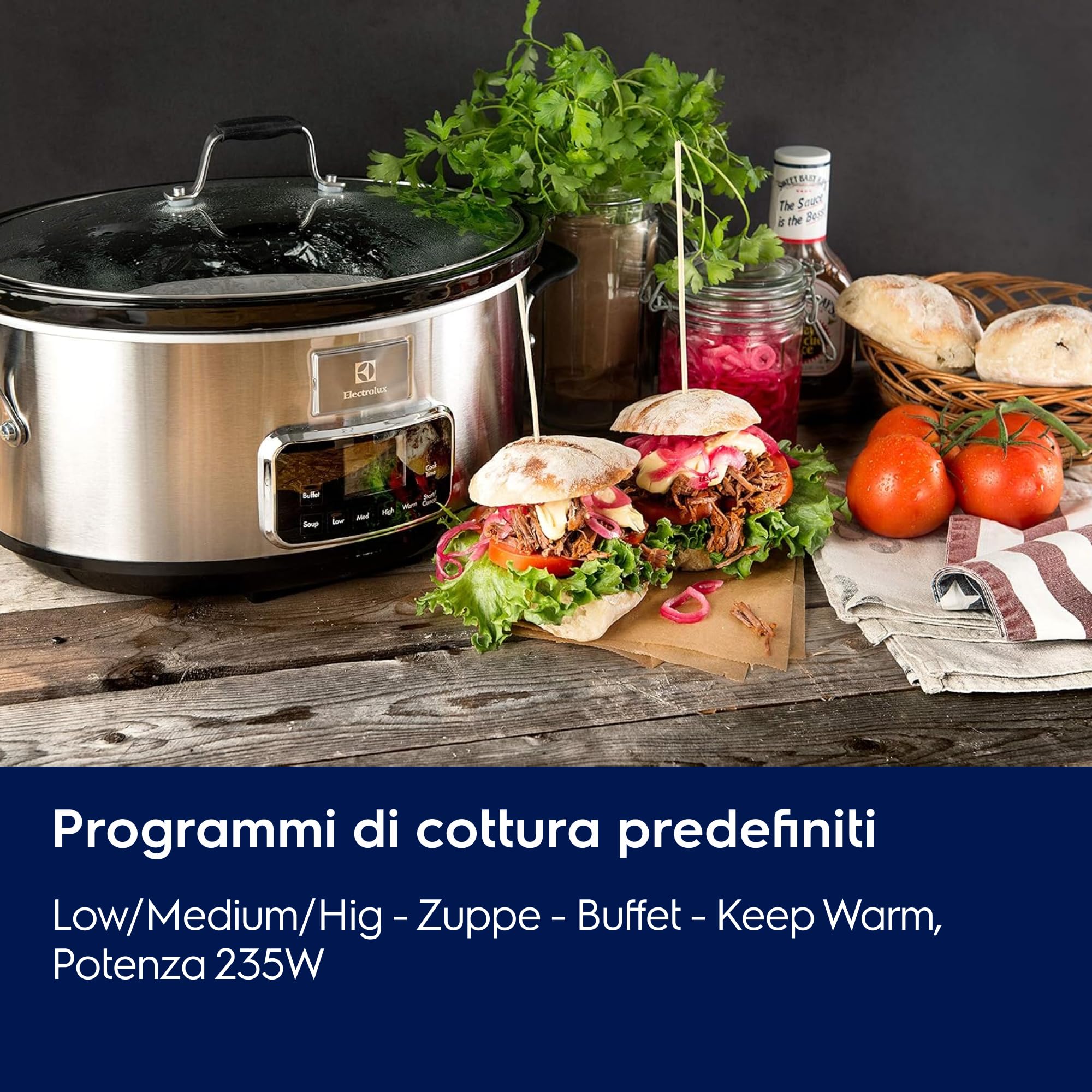 Electrolux Esc7400 Slow Cooker, Pentola Elettrica In Acciaio Inox Per Cottura Lenta Con Sei Programmi Predefiniti, 235 W, 6.6 L, Argento, Amazon Exclusive