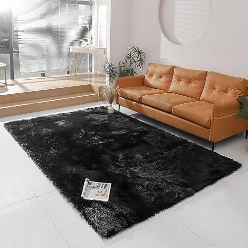 Miniatura 121 de Alfombra de piel sintética de piel de oveja, esponjosa, esponjosa, color negro, de 3 x 4 pies, para dormitorio, mesita de noche, suelo, sala