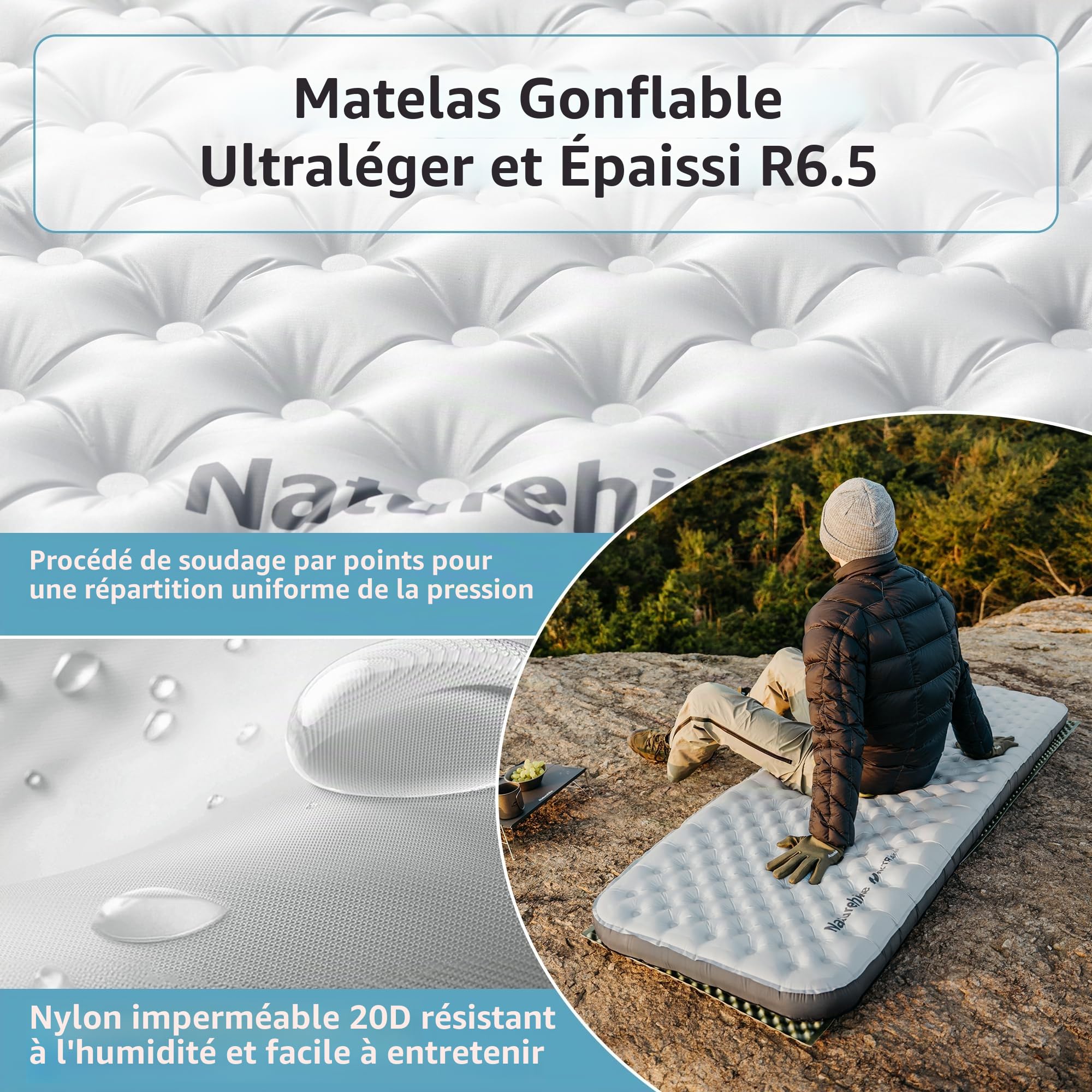 Naturehike Auto-gonflant 6.5R Valeur Matelas de Camping Tapis de Camping Gonflable Matelas Gonflable Portable pour Dormir Seul pour Le Trekking La Randonnée L'alpinisme Le Backpacking Le Plein Air