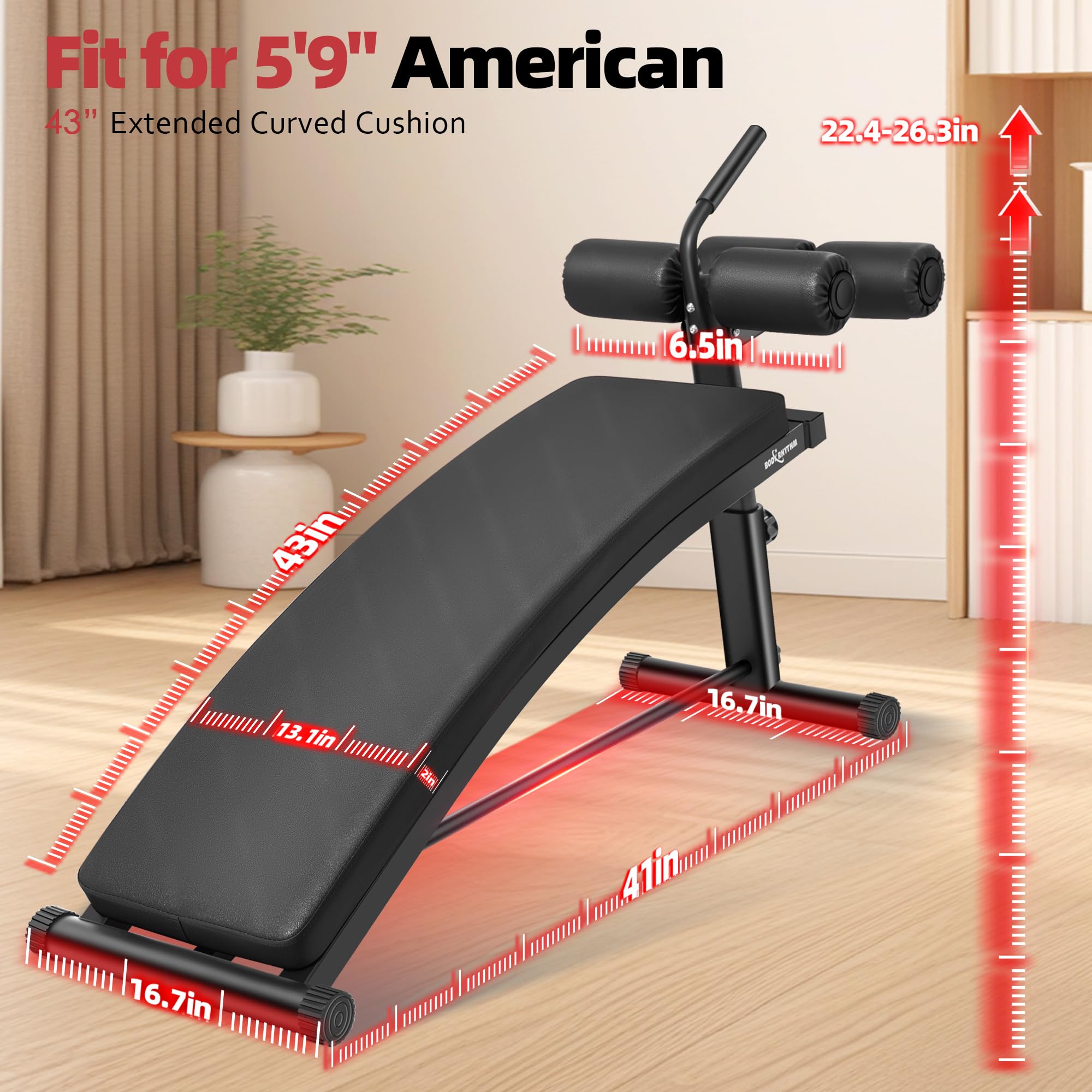 Sit Up Bench with 4 Adjustable Heights and Reverse Crunch Handle, Curved Ab Workout Bench for Home Gym, Adjustable Weight Bench for Core Workouts and Decline Bench Press, Suitable for Individuals Up to 5.9ft Tall.