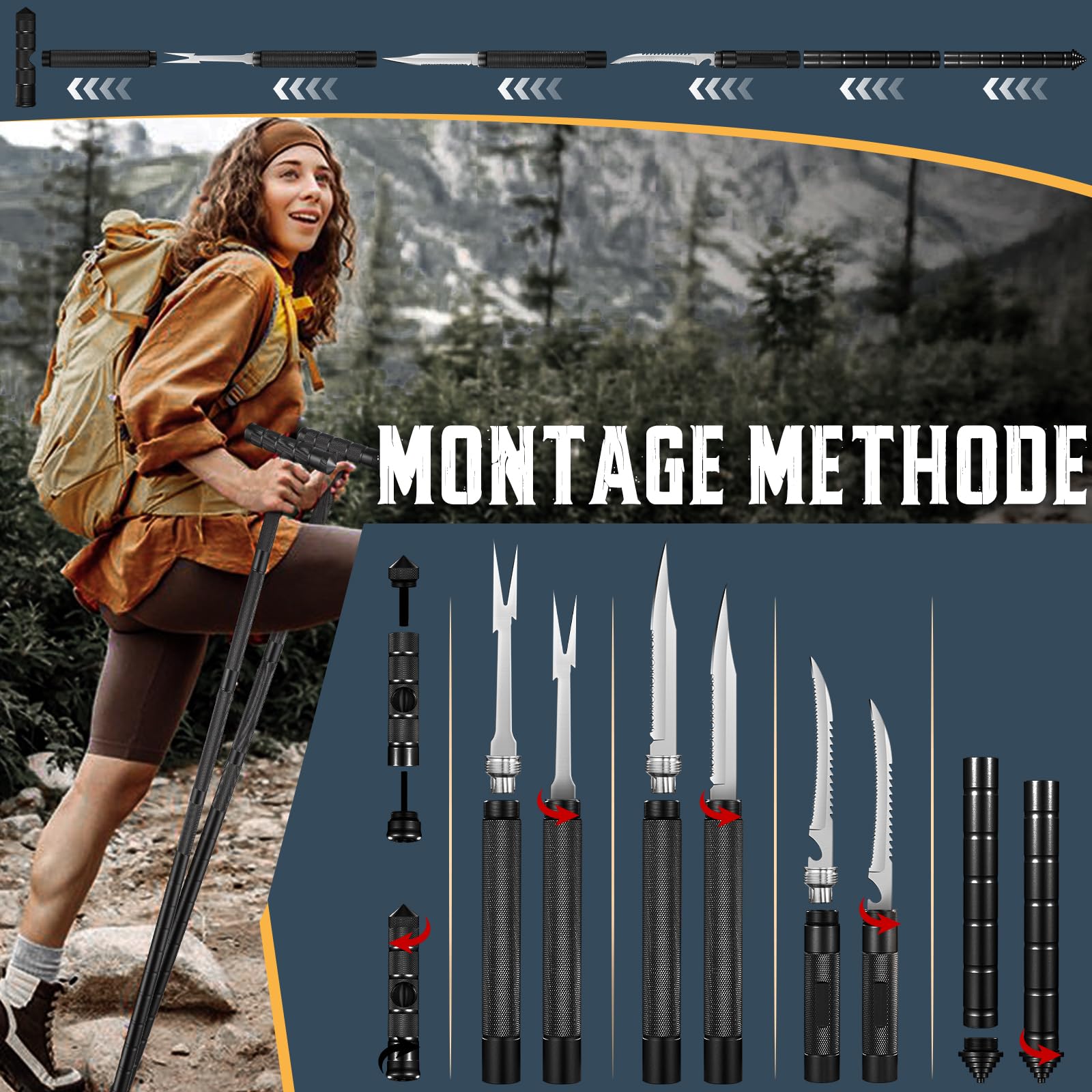 Golden Bird Wanderstöcke 13 in 1 Multifunktionale Wanderstock Trekkingstöcke Survival Verstellbare Aluminium Walking Stöcke mit Messer im Griff für Outdoor Camping Wandern Schwarz Geschenke für Männer