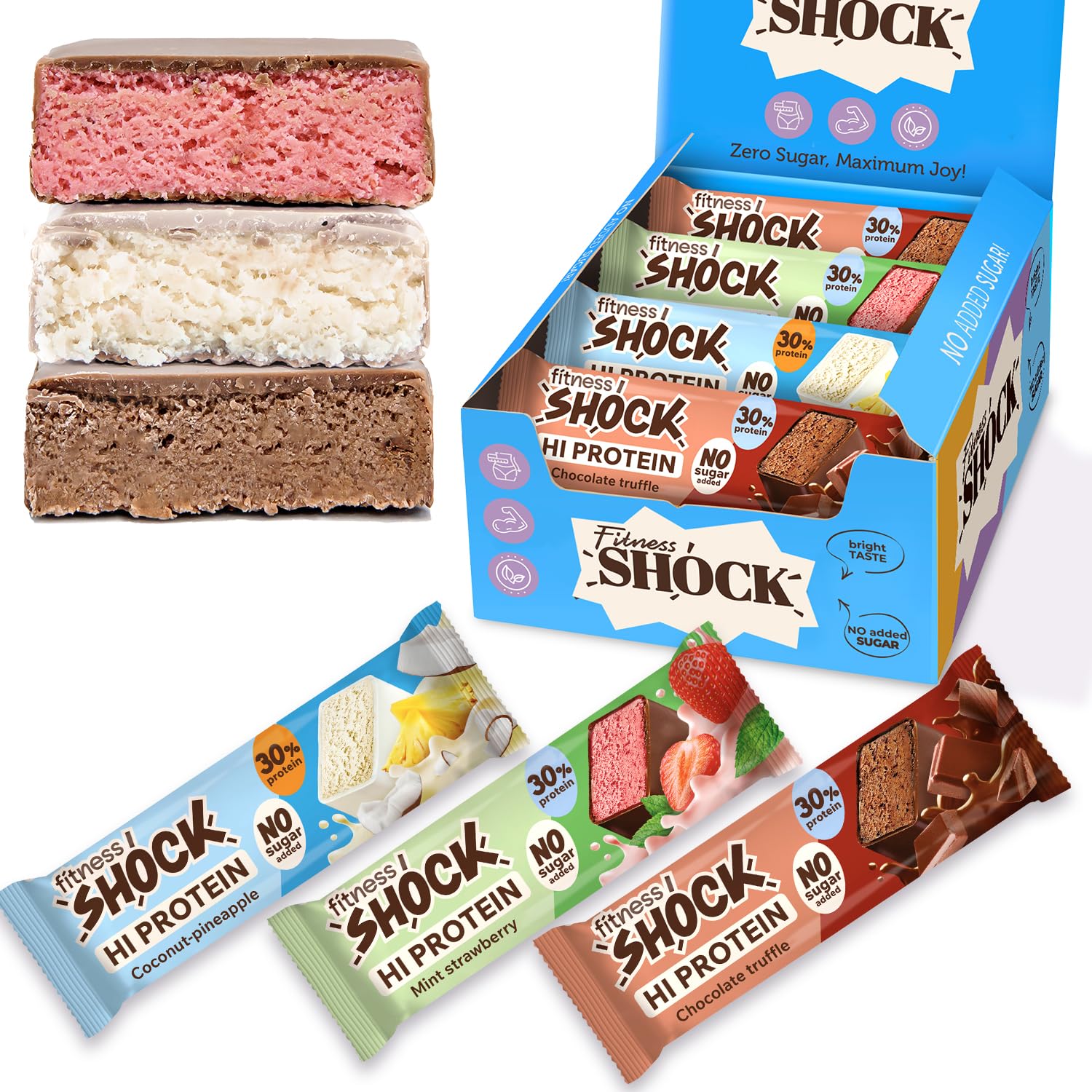 FitnesSHOCK Proteinriegel Set Mix Box mit hohem 30% 12g Proteingehalt Eiweißriegel ohne Zuckerzusatz mit 5g Kollagen low carb ballaststoffreich kalorienarm Erdbeere, Kokos, Schoko 12Stk 40g