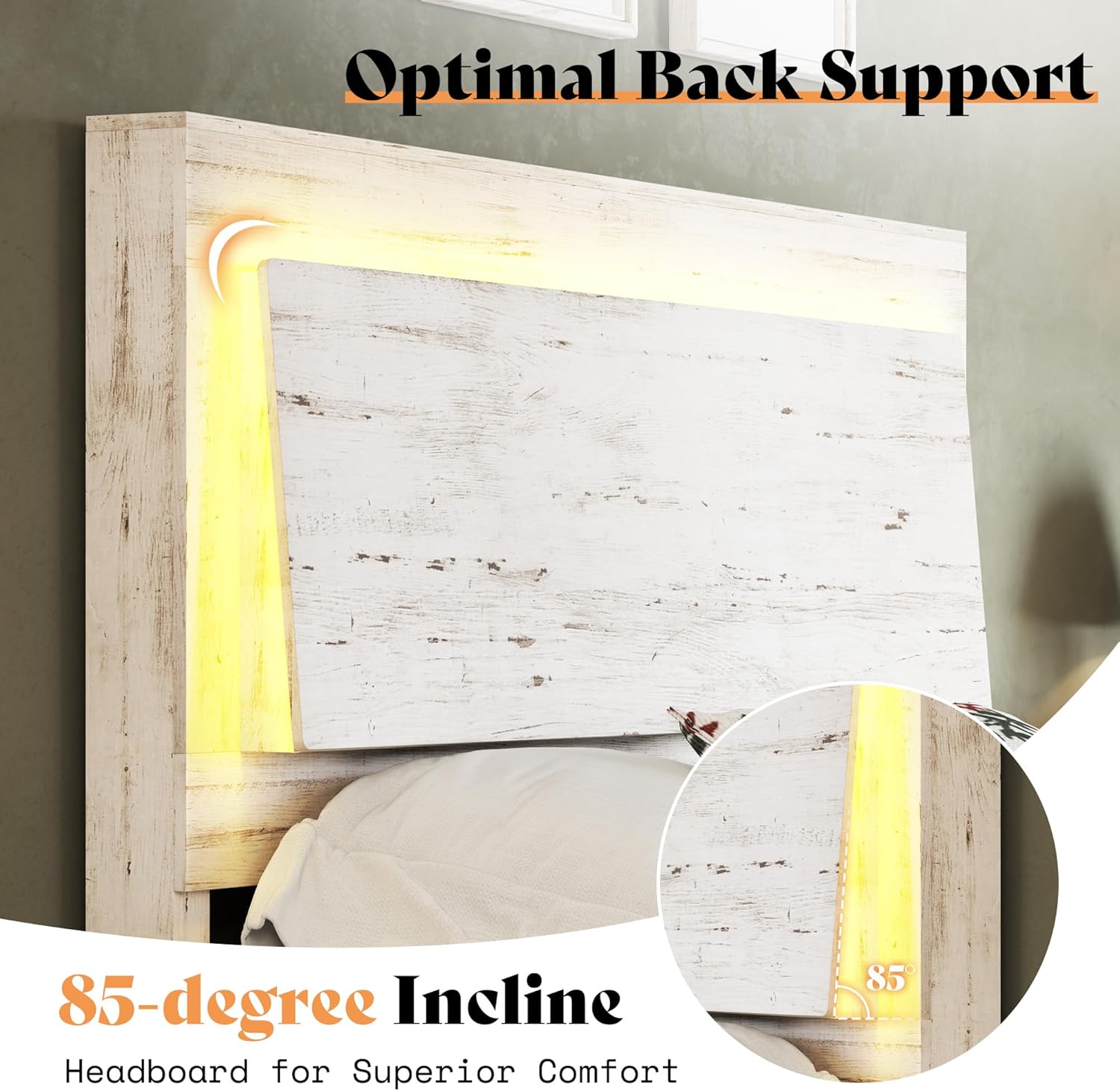 AMERLIFE Wood Queen Bed Frame with 47" Headboard, Rustic Platform Bed with LED Lights, Mattress Foundation with Wooden Slats Support, No Box Spring Needed/Noise Free, Distressed White