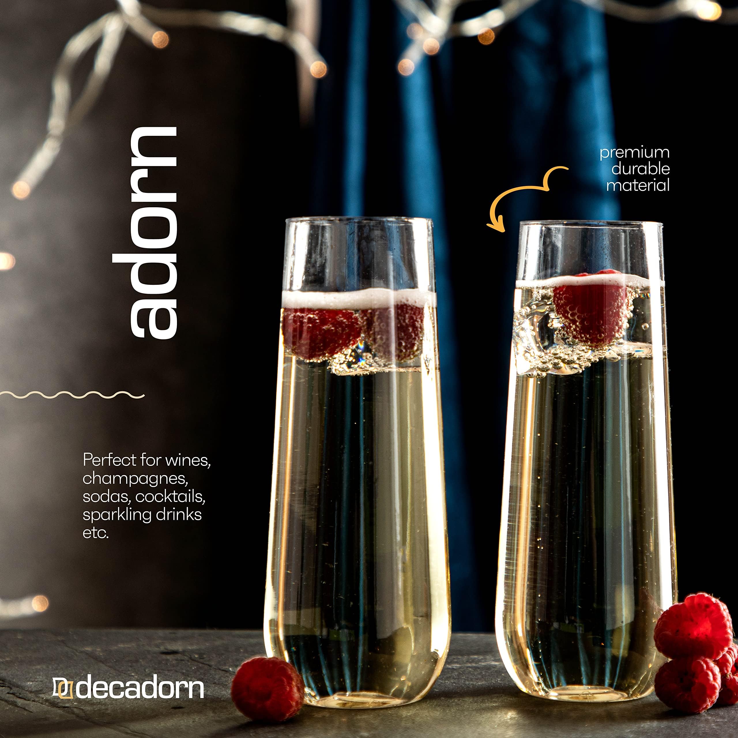 DECADORN Clear Plastic Champagne Flutes Disposable 48 Pack - 9oz Plastic Champagne Glasses - Stemless Champagne Flutes Plastic For Prosecco - Durable and Sturdy Mimosa Glasses Plastic For Parties
