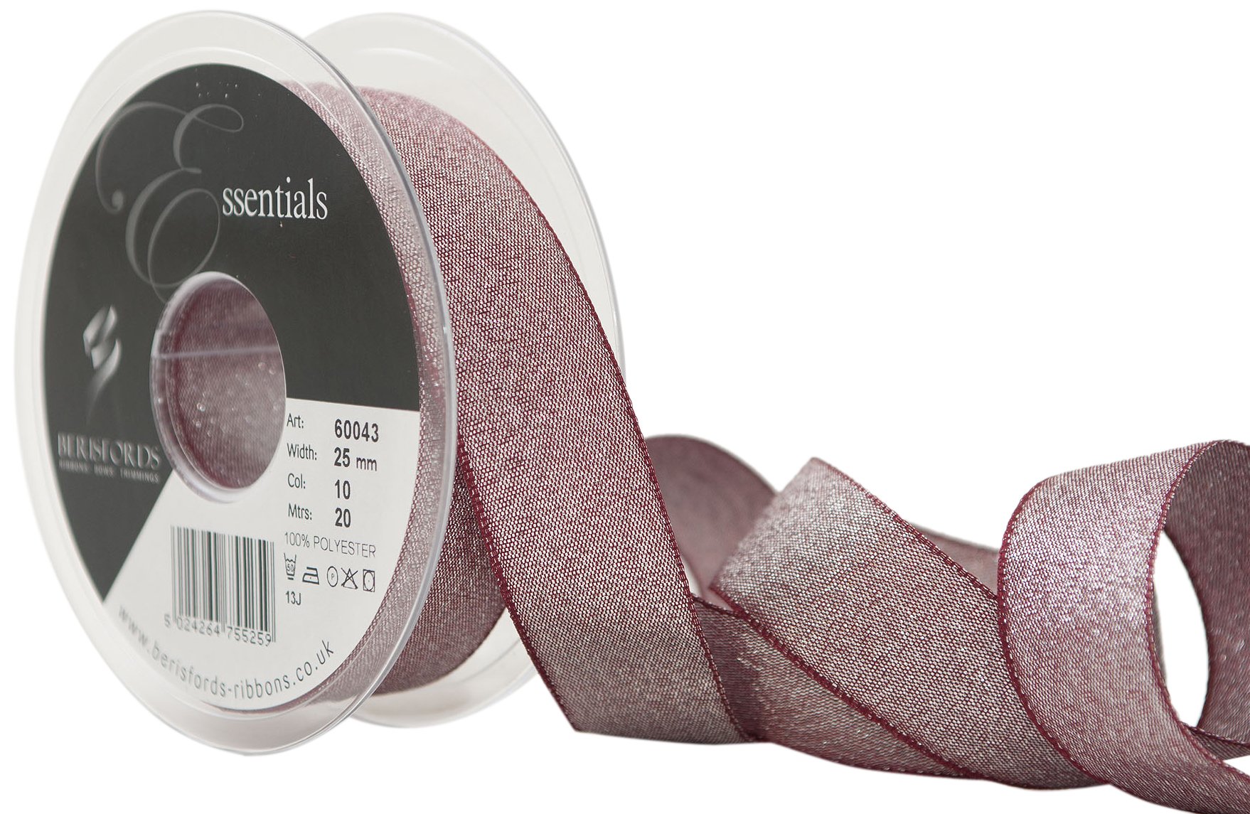Berisfords 25 mm Razzle Ribbon, Bordeaux and Silver