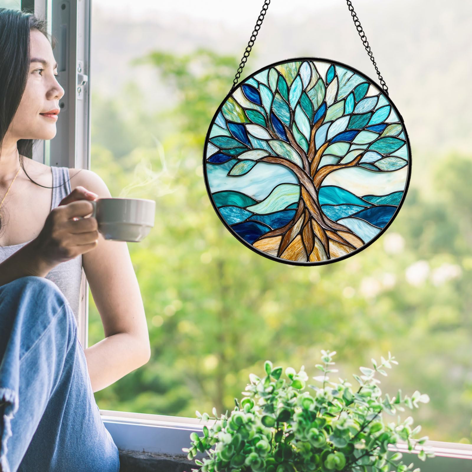 Atrapasueños colgante de ventana con diseño de árbol de la vida, atrapasueños costeros azul océano con olas rodantes, regalo de decoración del hogar de cristal para mujeres, madre jardineras