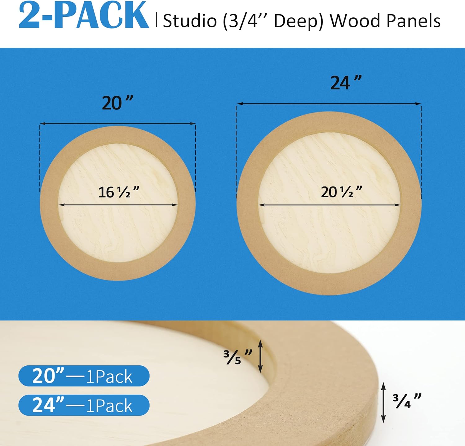 Falling in Art Unfinished Round Birch Wood Panels Kit for Painting, Wooden Canvas 2 Pack of 20 and 24" Studio 3/4" Deep, Cradle Boards for Pouring, Art, Crafts, Burning and More
